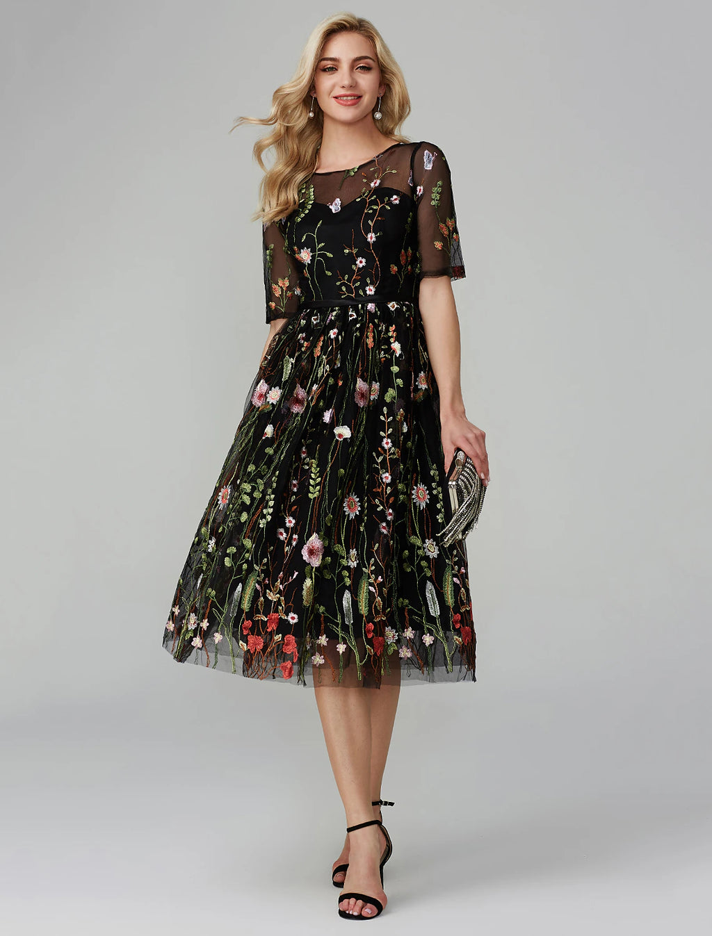 Black A-Line Tea-Length Evening Dress with Floral Embroidery