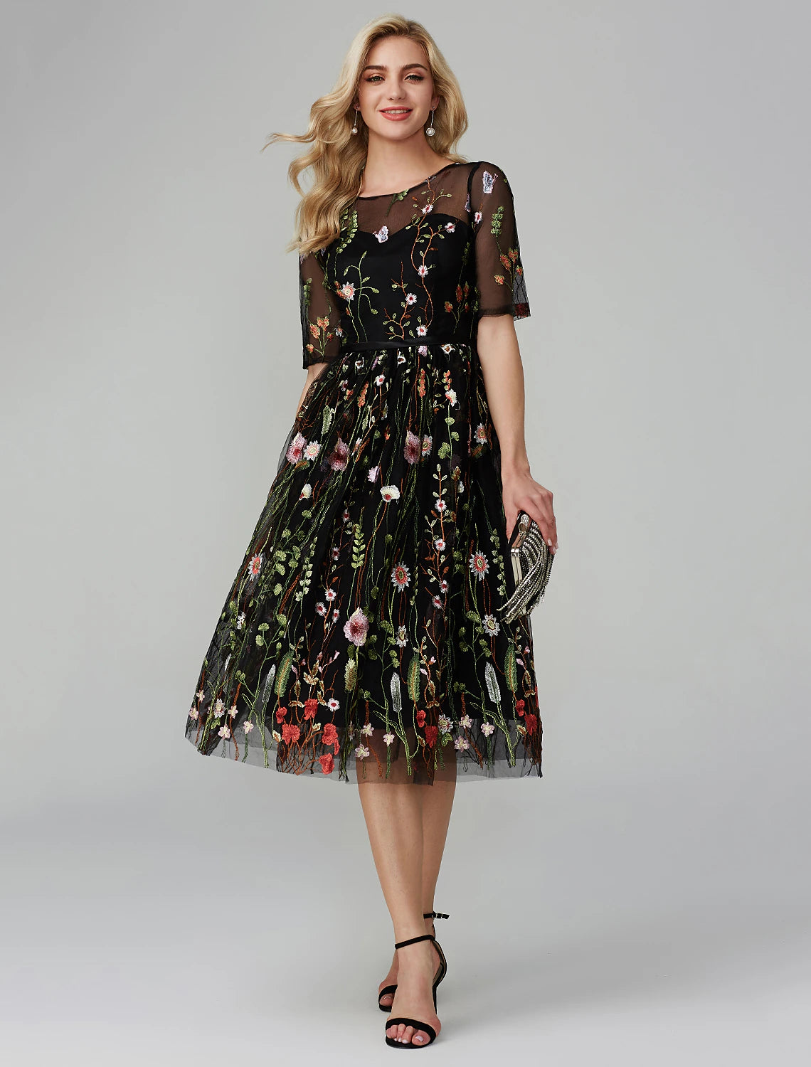 Black A-Line Tea-Length Evening Dress with Floral Embroidery