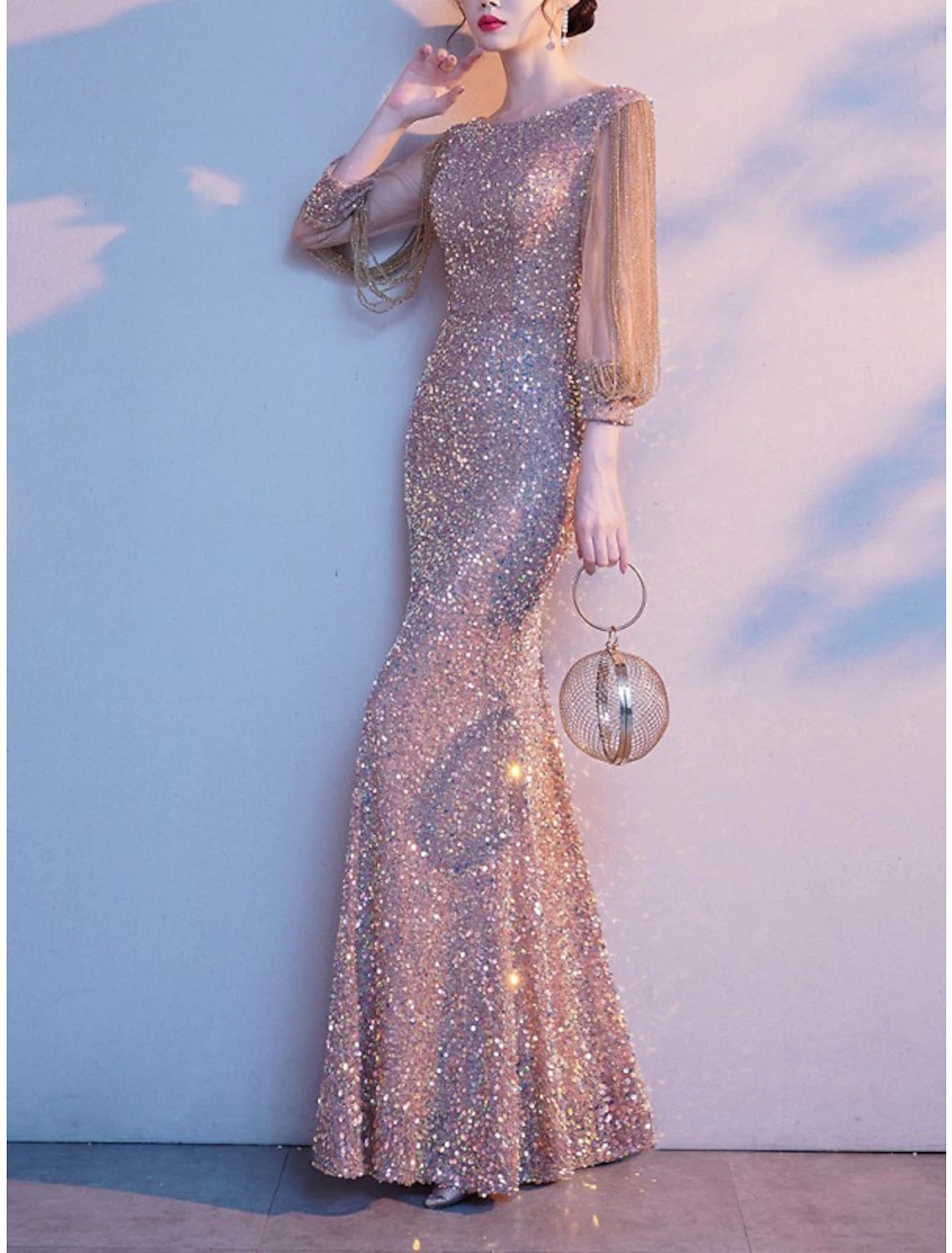 Blushing Pink Sequin Sheath/column Floor-Length Evening Dress with Boat Neck and Sheer 3/4 Sleeves