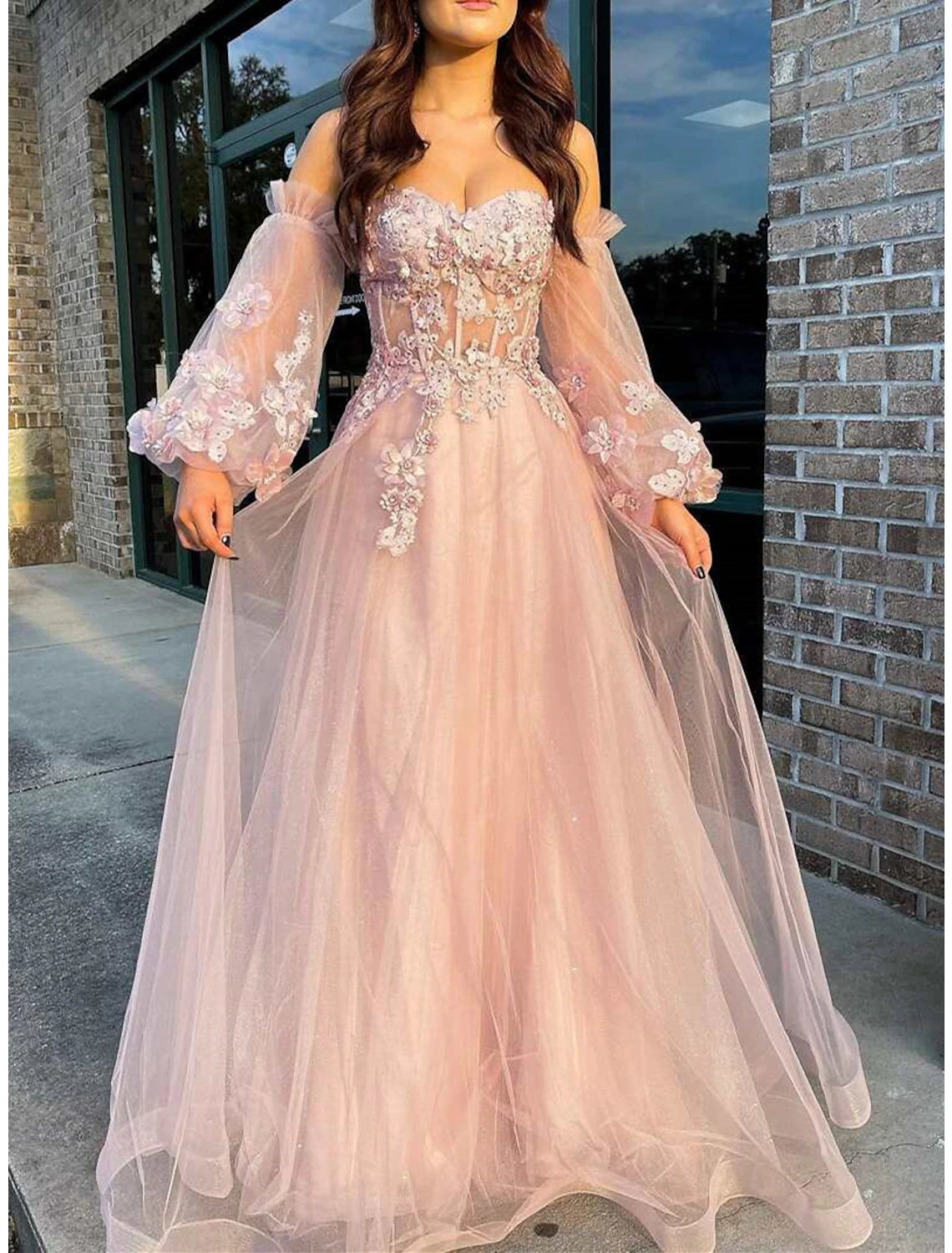 A-Line Prom Dresses Sparkle Dress Wedding Floor Length Long Sleeve Strapless Tulle with Sequin