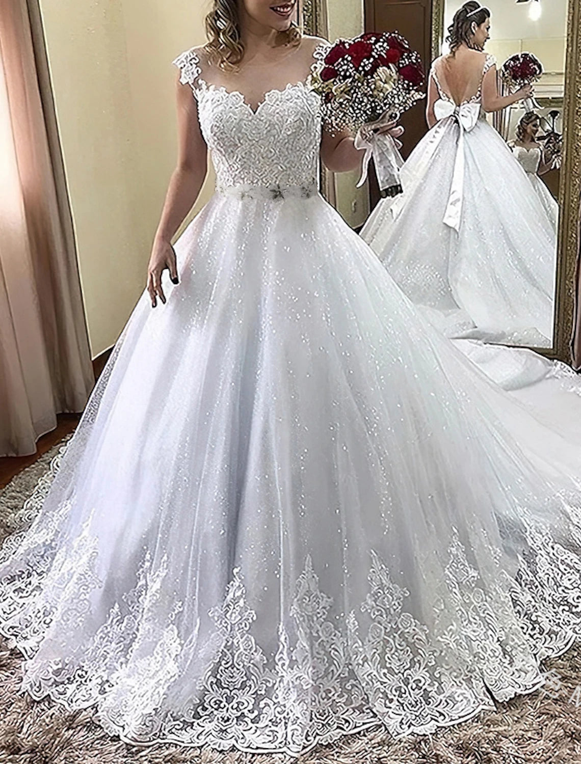 Vestidos de novia formales de compromiso, vestido de baile, cuello ilusión, manga corta, cola de corte, vestidos de novia de encaje con apliques de lazo(s)