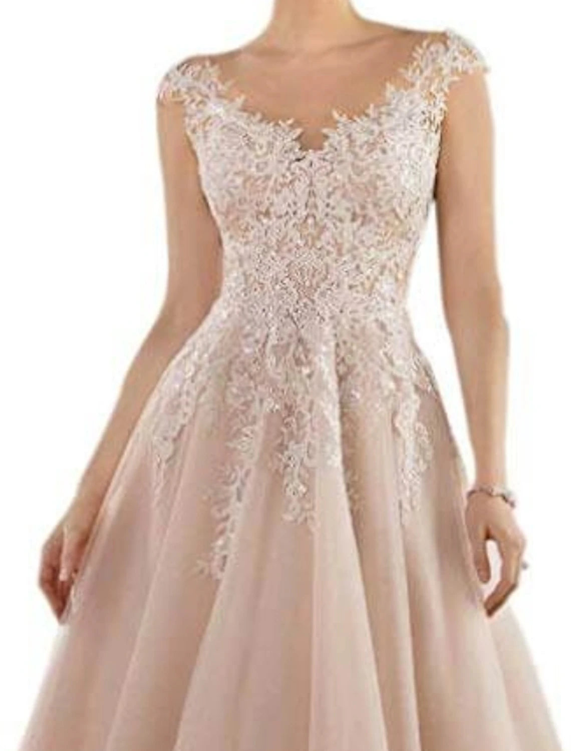 Blushing Pink Lace V-Neck A-Line Tea-Length Bridesmaid & Wedding Guest Dress
