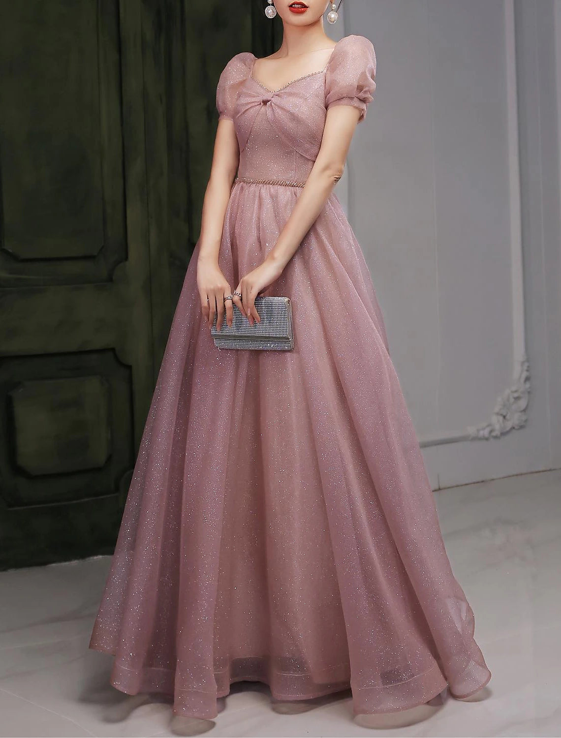 Vestido elegante de fiesta, formal, de noche, de cumpleaños, con escote corazón, manga corta, largo hasta el suelo, de encaje con cuentas, con espalda hermosa