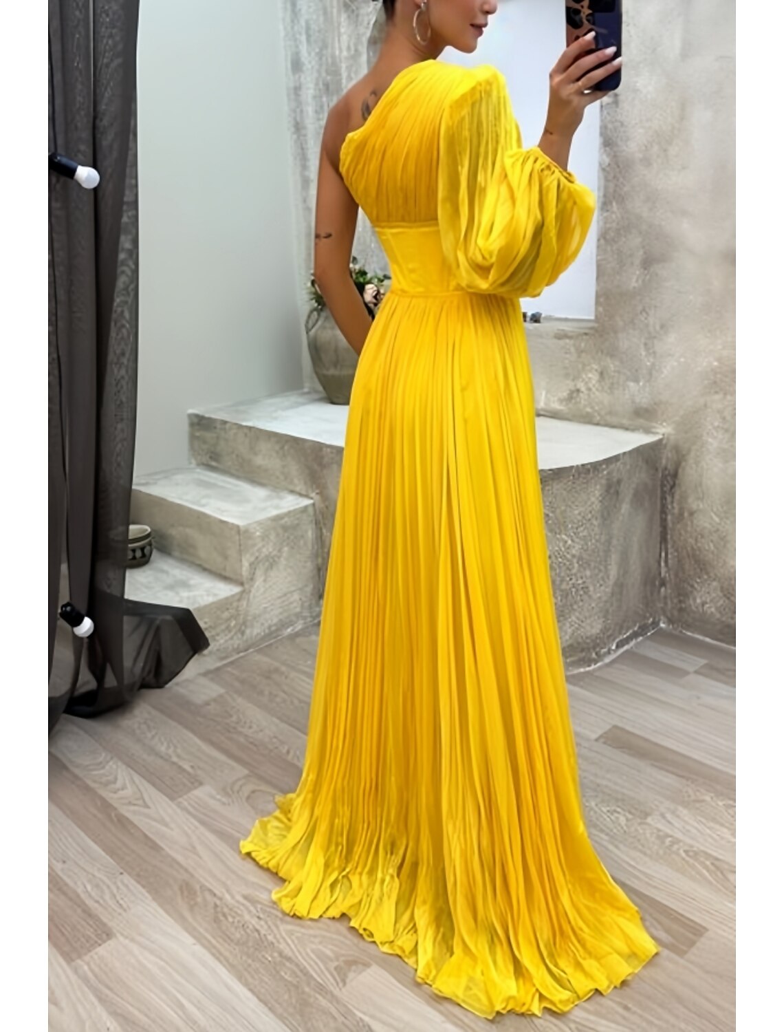 Orange Chiffon A-Line One Shoulder Floor-Length Evening Dress