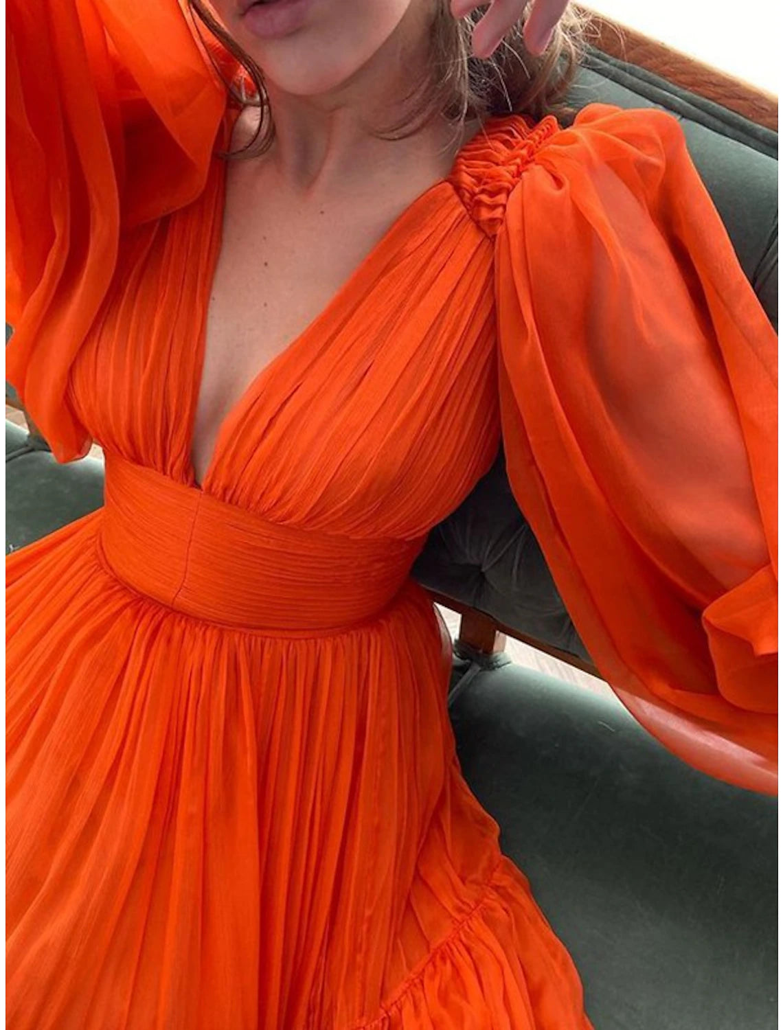 Orange Chiffon A-Line Floor-Length Evening Dress with Voluminous Puff Sleeves and Tiered Skirt