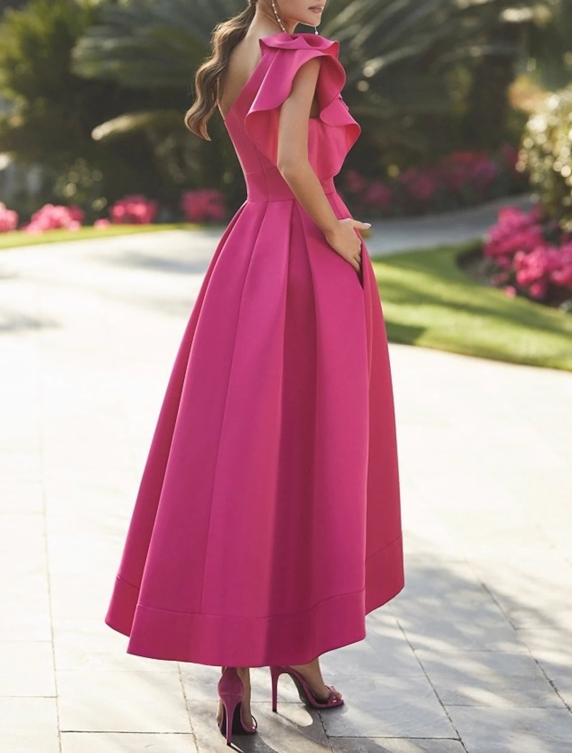 A-Line Cocktail Dresses Elegant Dress Prom Birthday Asymmetrical Sleeveless One Shoulder Fall Wedding Guest  Fabric with Ruffles Pure Color