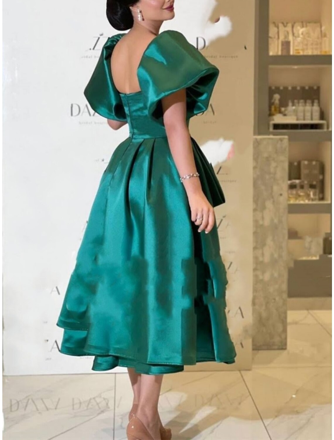 Vestidos de cóctel de corte A, vestido vintage, vestido formal para invitada de boda, largo hasta la rodilla, manga corta, cuello cuadrado, satén con pliegues, mariposa