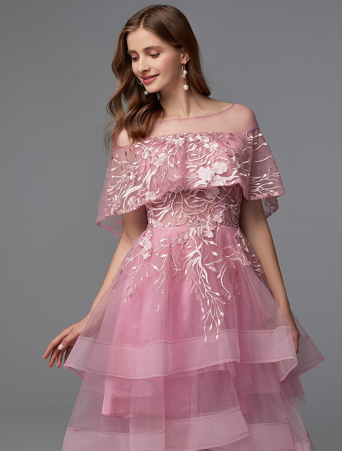 Pink Chiffon A-Line Asymmetrical Dress with Embroidered Bodice for Prom & Wedding Guests