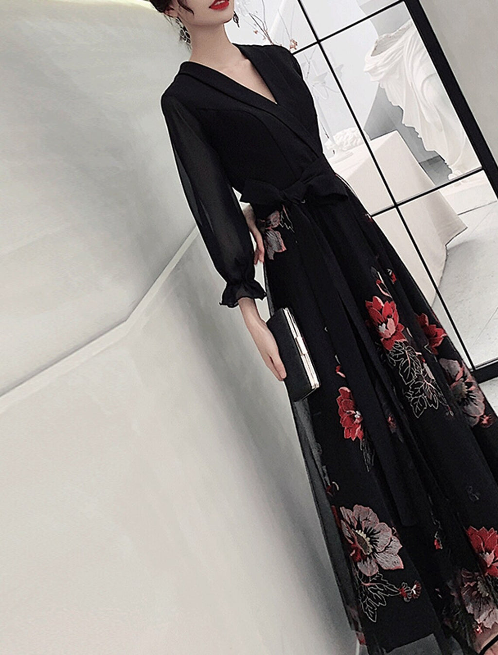 Black Chiffon A-Line Long Evening Dress with Floral Embroidery & V-Neck Wrap Bodice