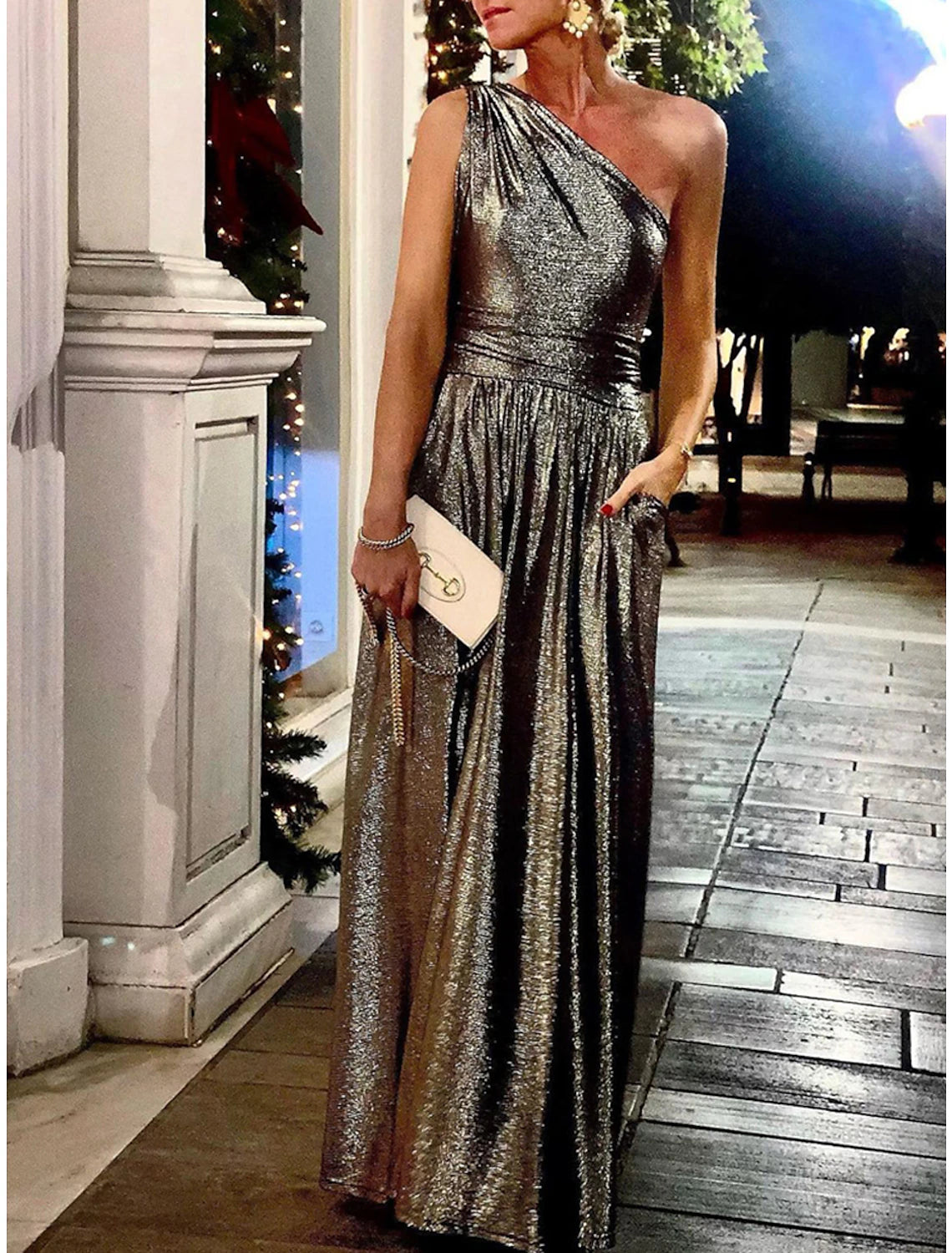 Abito da festa da donna, abito da ballo, abito da invitato a nozze, abito lungo, abito lungo, argento, blu, viola, senza maniche, colore puro, tasca, estate, primavera, monospalla, moda, sera, festa, invitato a nozze, vacanza