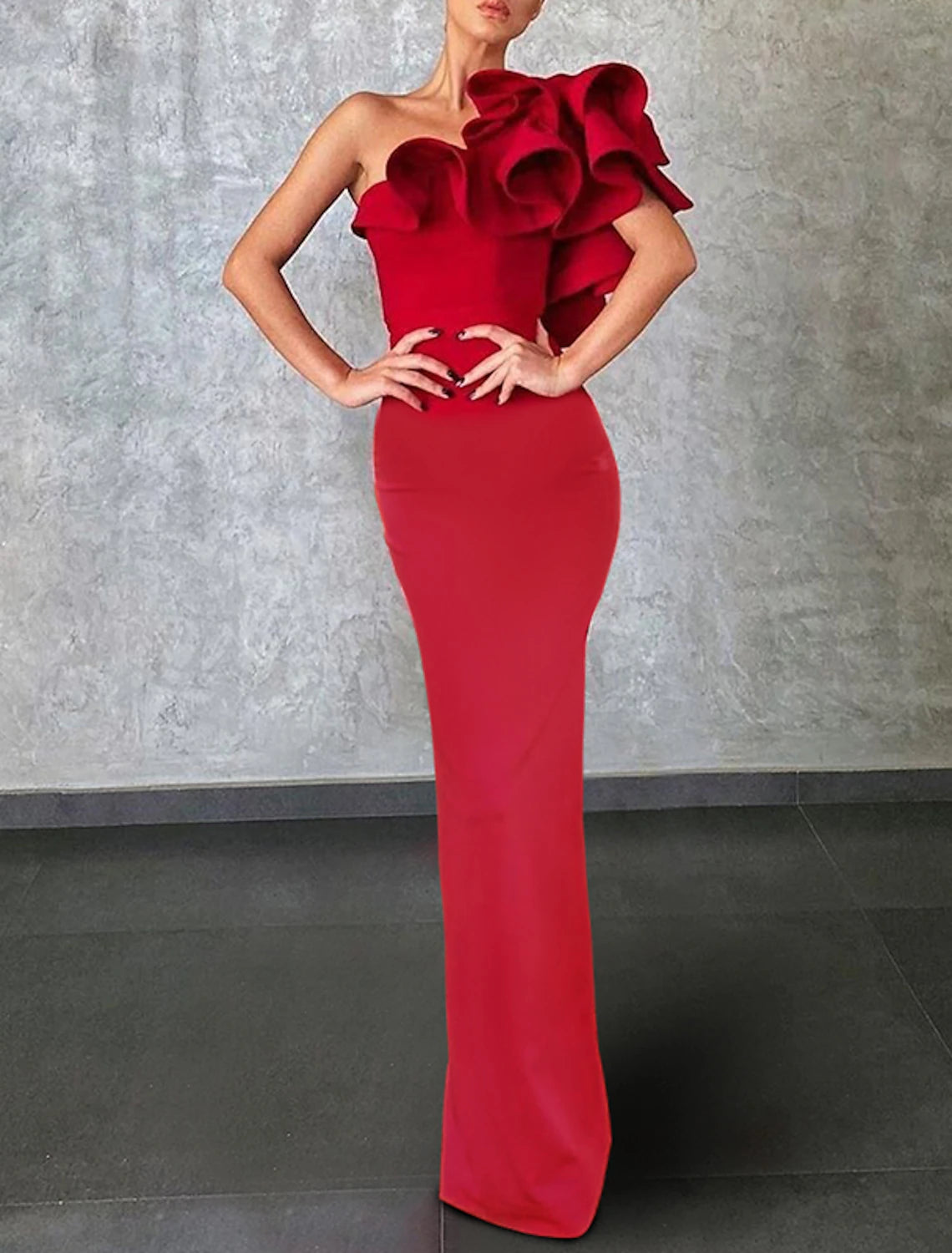 Mermaid Christmas Red Green Dress Evening Gown Celebrity Style Dress Formal Wedding Guest Floor Length Sleeveless One Shoulder  Fabric with Ruffles 2025