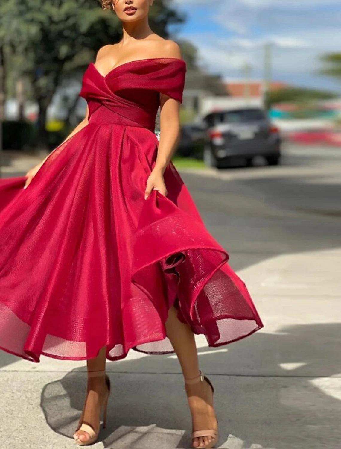 A-Line Cocktail Dresses Vintage Dress Wedding Guest Christmas Red Green Dress Tea Length Sleeveless Off Shoulder Tulle with Pleats 2025