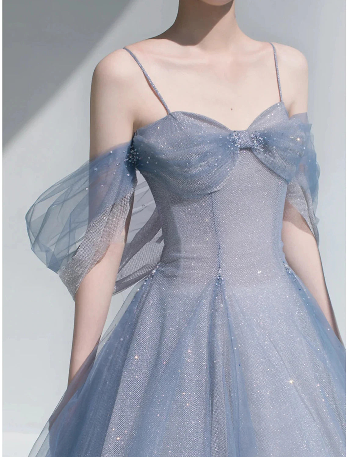 Vestido de fiesta con pedrería, para invitados de boda, graduación, largo hasta el suelo, sin mangas, hombros descubiertos, de tul con purpurina