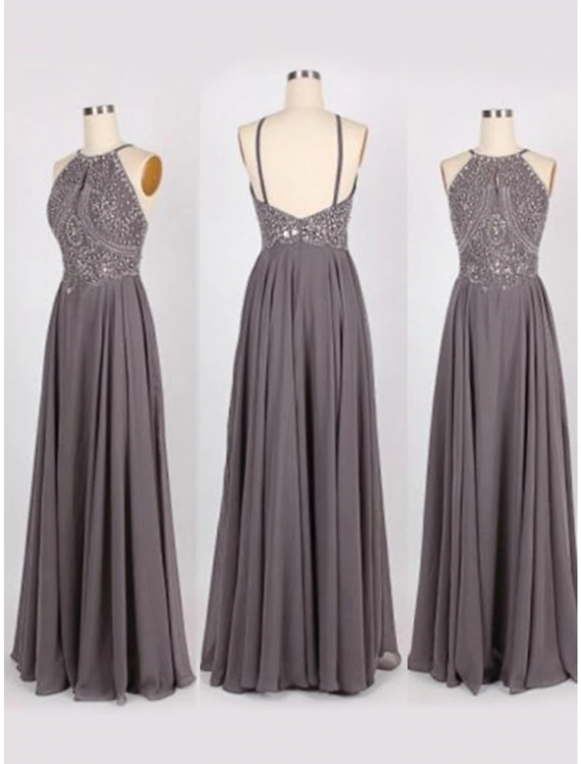 Grey Chiffon A-Line Floor-Length Dress with Halter Neckline