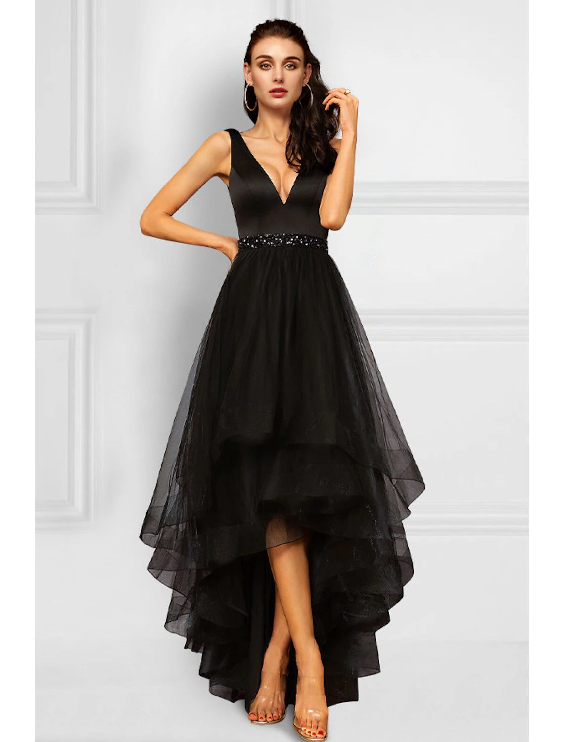 Black Asymmetrical A-Line V-Neck Evening Dress