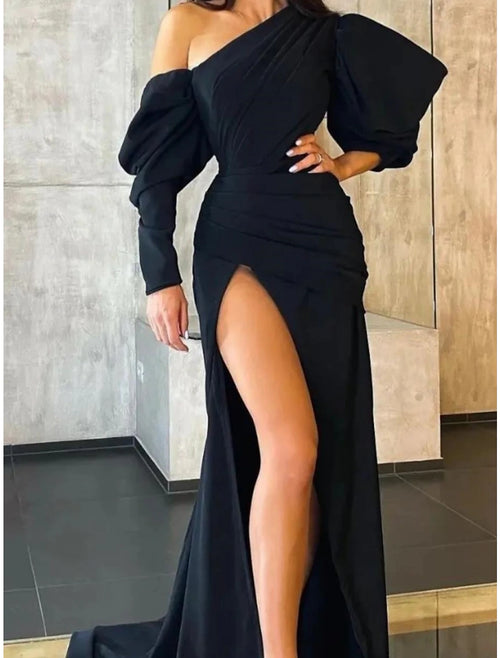 Black Crepe One Shoulder Floor-Length Evening Dress - Asymmetrical Puff Sleeve & High Slit