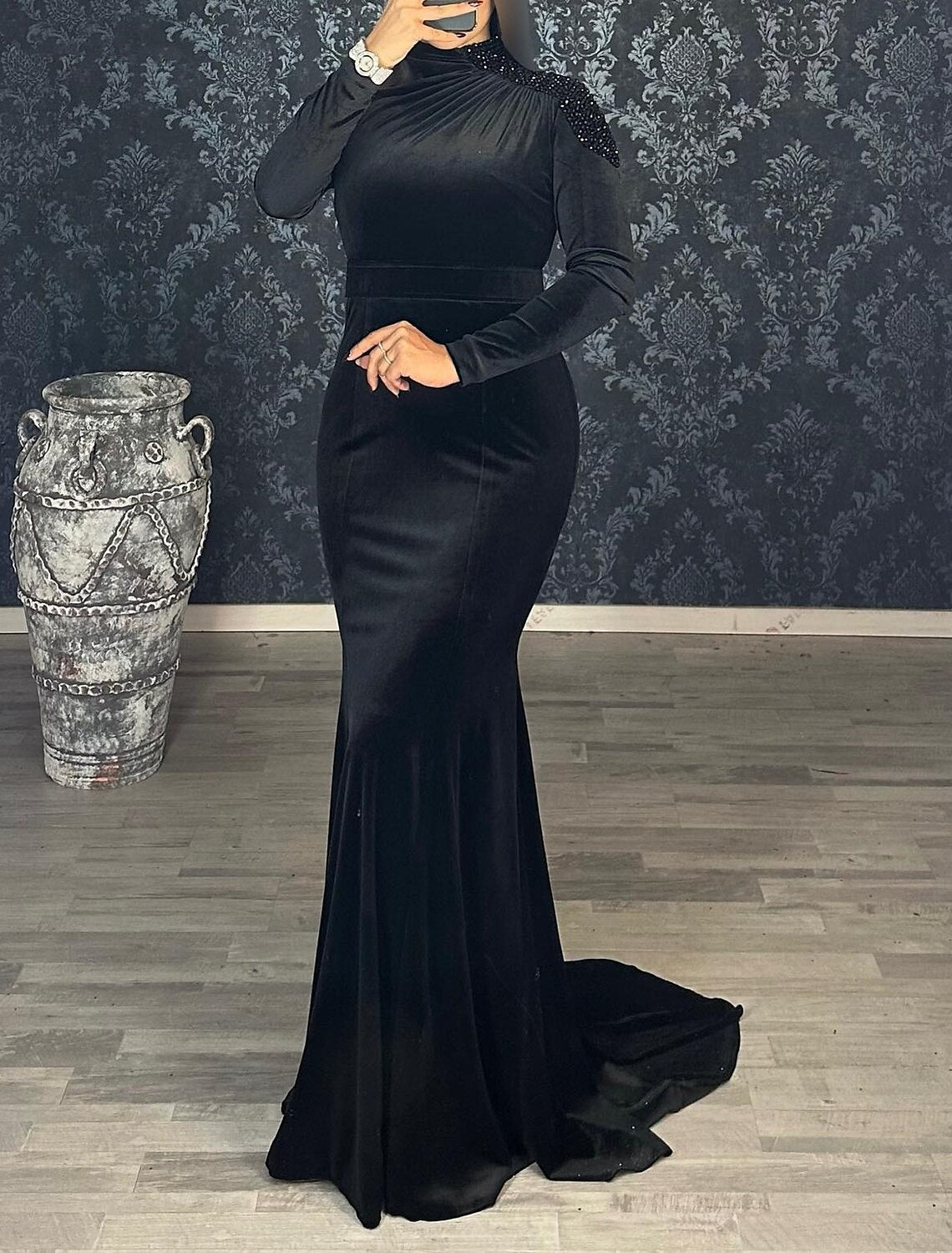 Mermaid / Trumpet Evening Gown Black Dress Dress Wedding Guest Fall Court Train Long Sleeve High Neck Velvet with Rhinestone