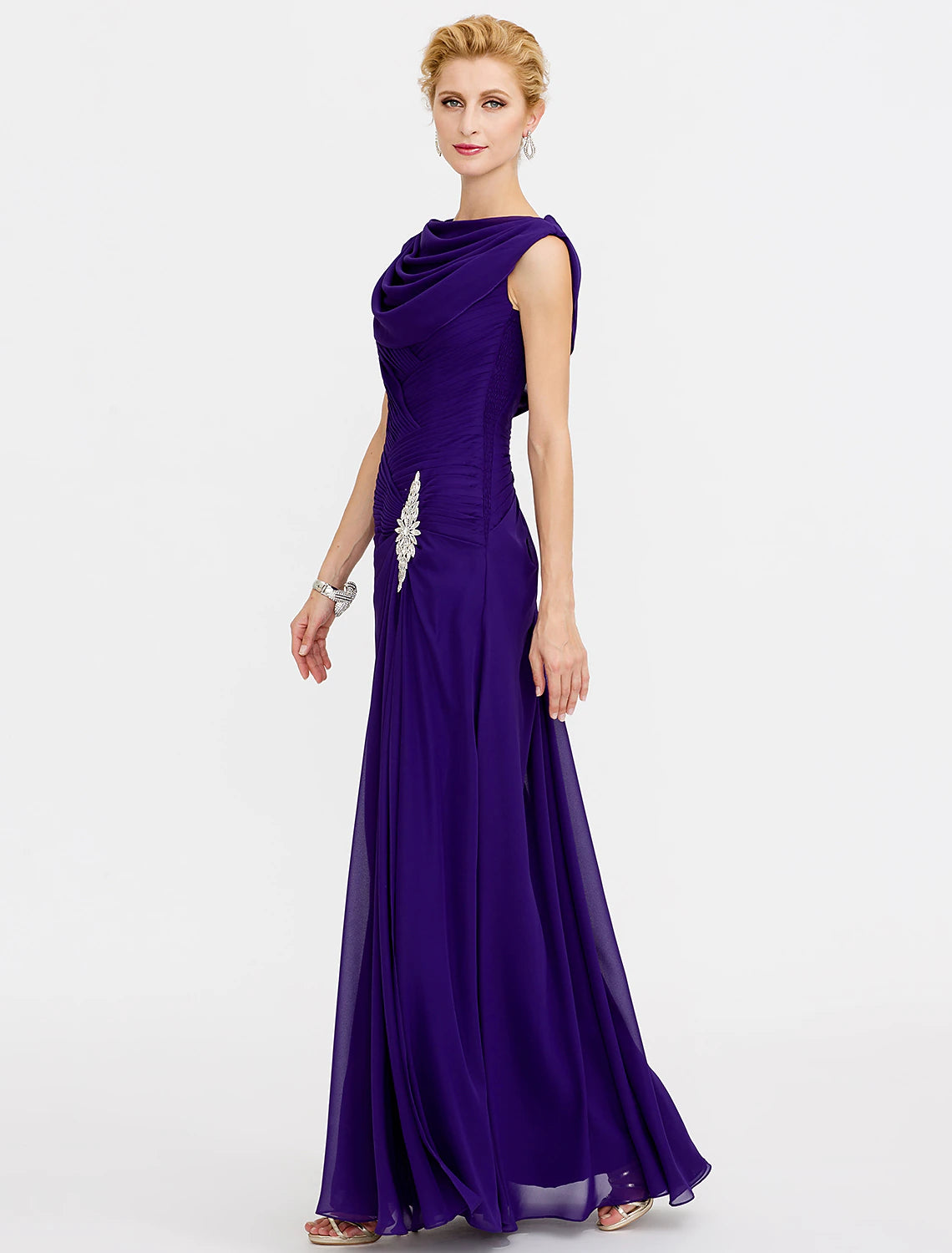 Vestido de madre de la novia con corte tubo/columna, con bloques de color, cordones, cuello vuelto, largo hasta los tobillos, de gasa charmeuse, sin mangas, con cuentas entrecruzadas