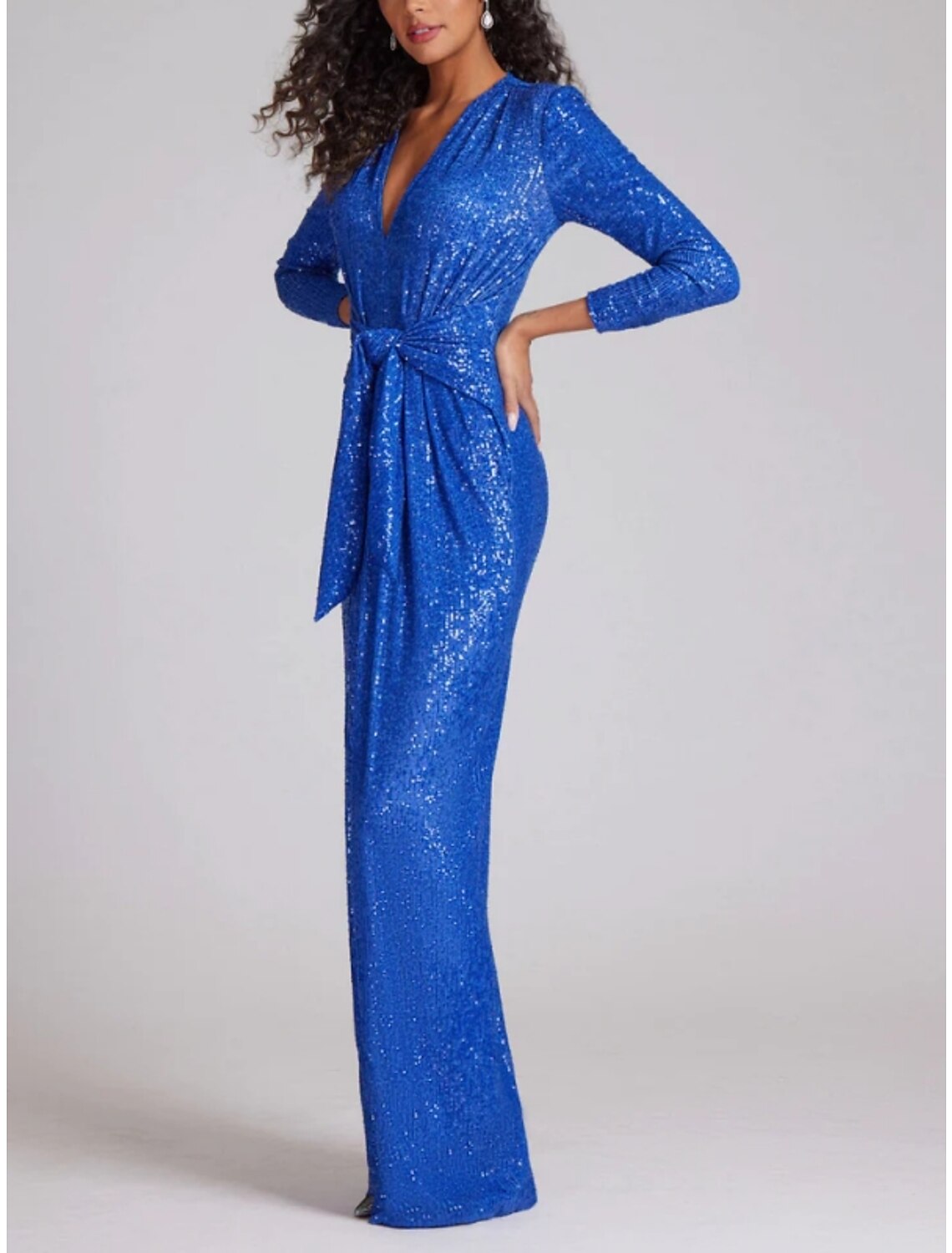 Vestido de noche elegante con corte en forma de columna, largo hasta el suelo, manga larga, escote en V, lentejuelas y brillo fruncido.