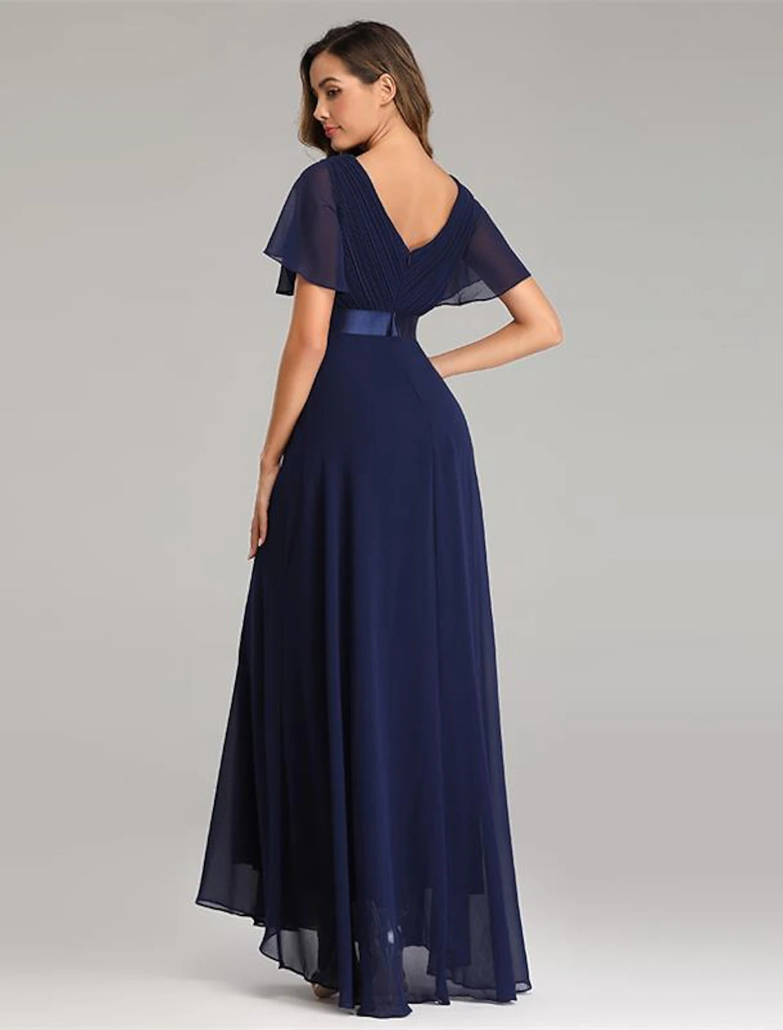 Abiti da ballo a trapezio, abito rosso verde, abito da damigella d'onore autunnale, lunghezza al pavimento, maniche corte, scollo a V, chiffon, schiena a V con balze arricciate