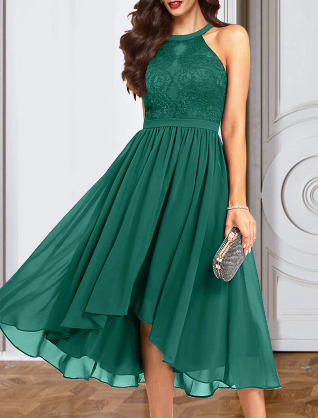 Emerald Chiffon A-Line Asymmetrical Dress with Halter Neckline, Lace Bodice & High-Low Hem