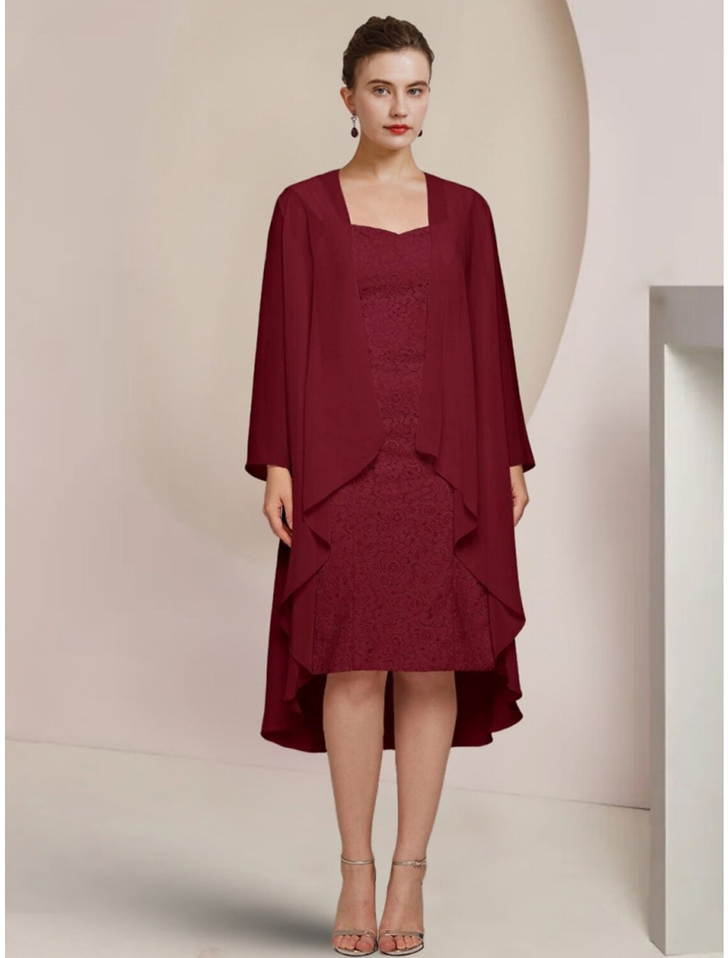 Burgundy Chiffon A-Line Asymmetrical Dress with Square Neck, Lace High-Low Hem & Flowing Overlay