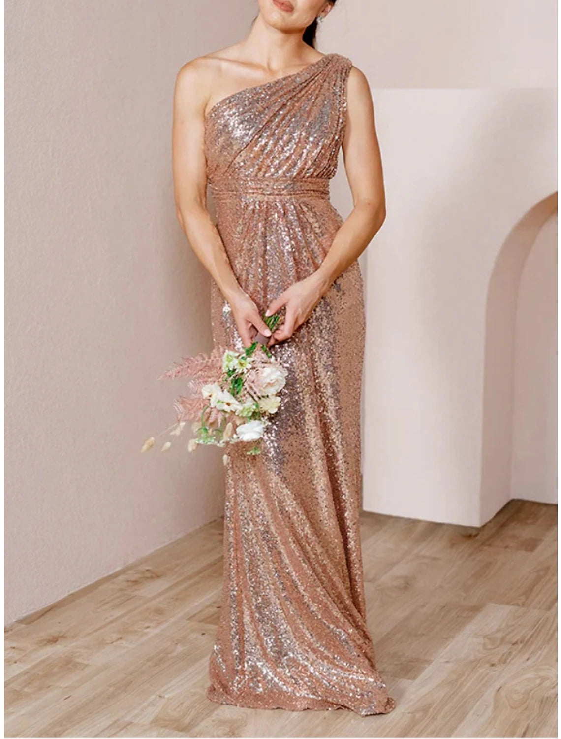 Rose Gold Sequin One Shoulder Sheath/column Floor-Length Dress