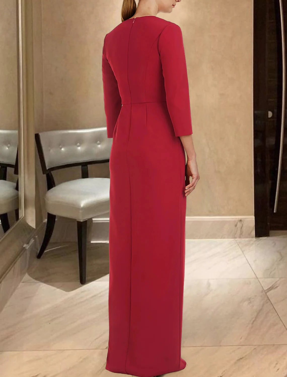 Sheath / Column Evening Gown Elegant Dress Formal Floor Length Long Sleeve V Neck  Fabric with Ruched