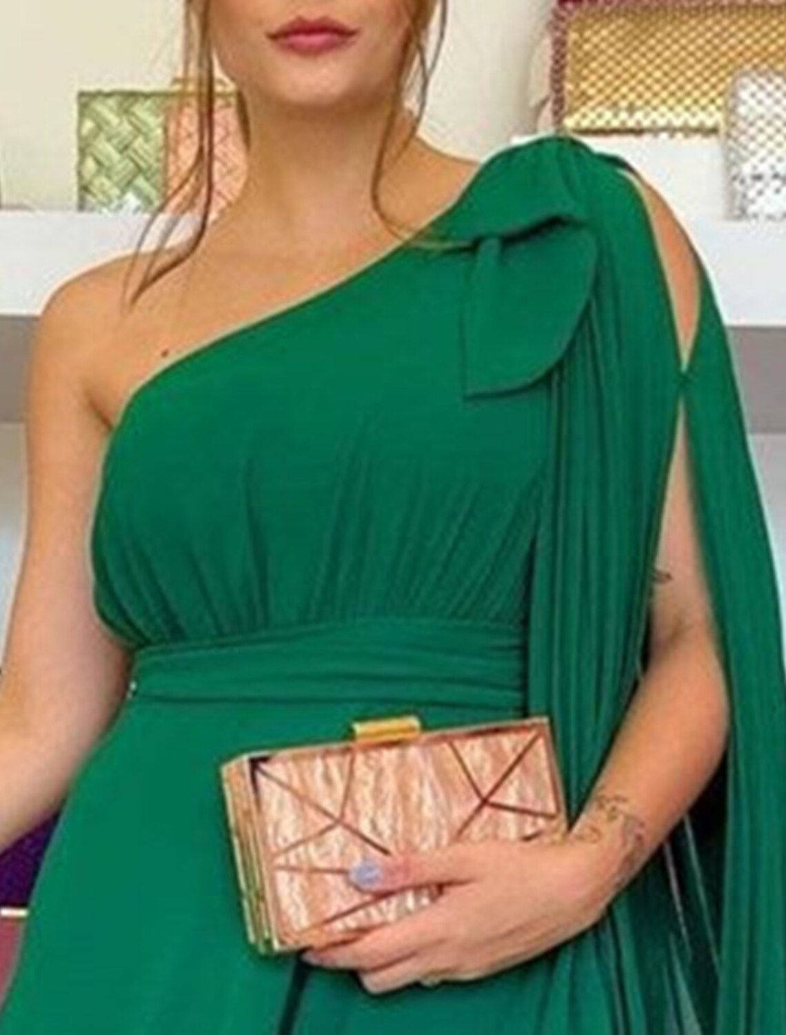 Abito da sera a trapezio, abito da festa, abito natalizio rosso verde, elegante, formale, da invitato a nozze, strascico a spazzola, senza maniche, monospalla, mantelle in chiffon con volant 2025