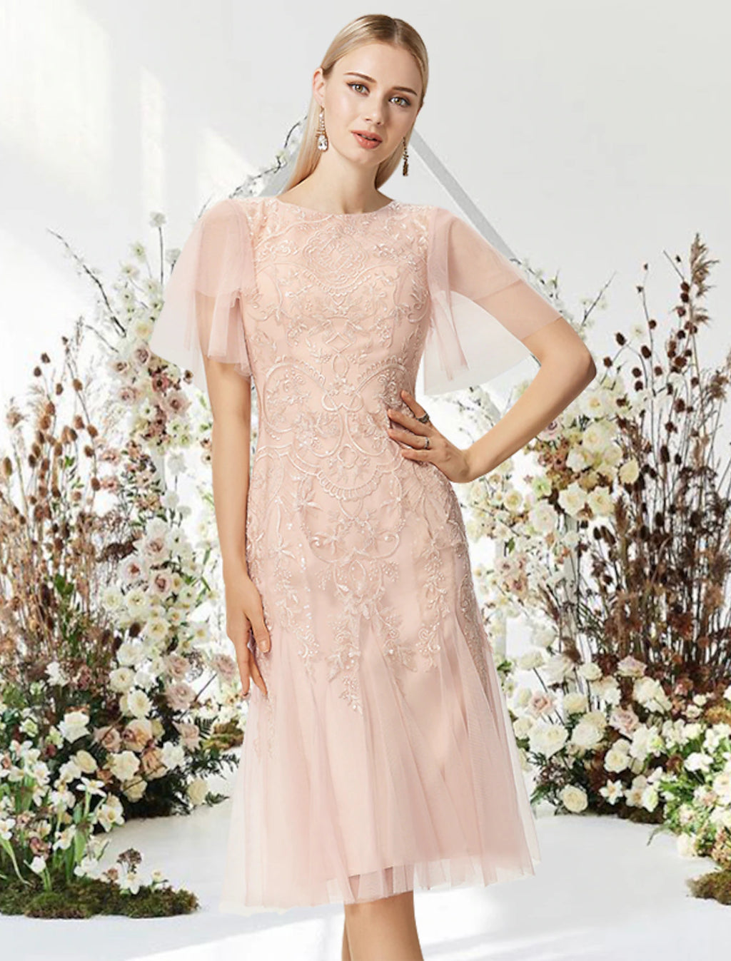 Vestidos de cóctel de corte A, vestido coqueto para graduación, cóctel, fiesta, largo hasta la rodilla, media manga, cuello joya, encaje con apliques