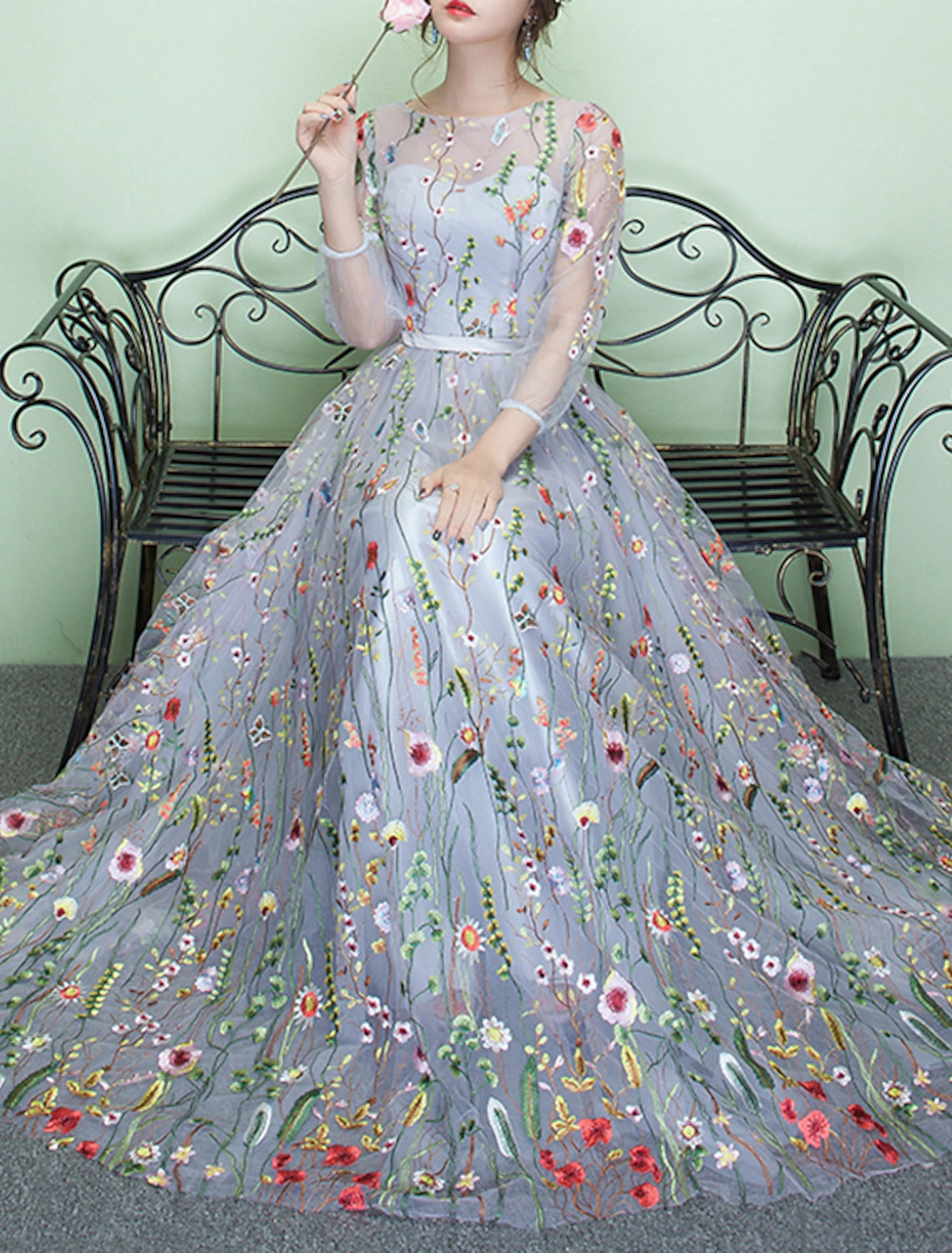 Black Mesh A-Line Floor-Length Dress: Boat Neck, Embroidered Florals
