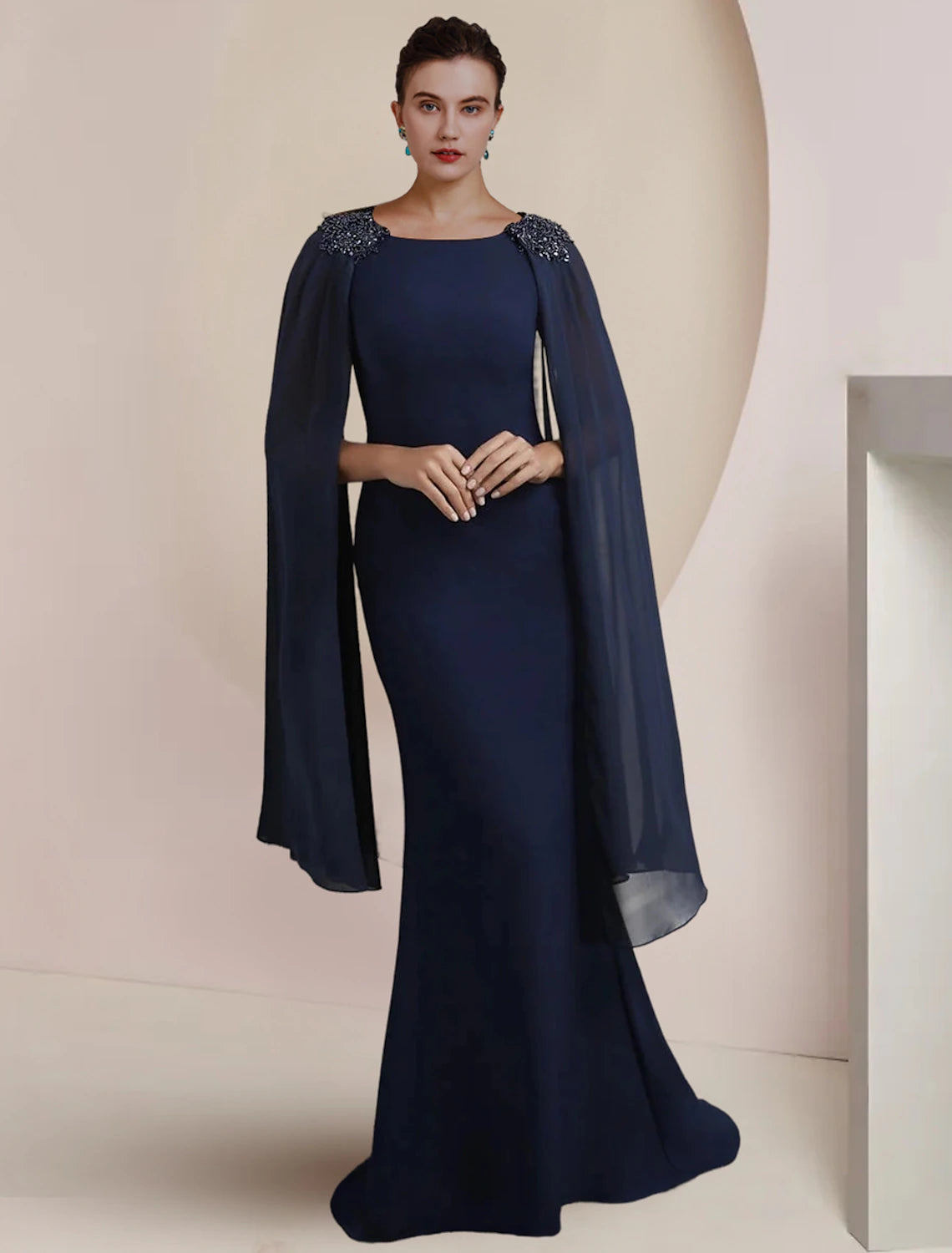 Dark Navy Floor-Length Sheath/column Dress with Beaded Shoulders & Cape Sleeves