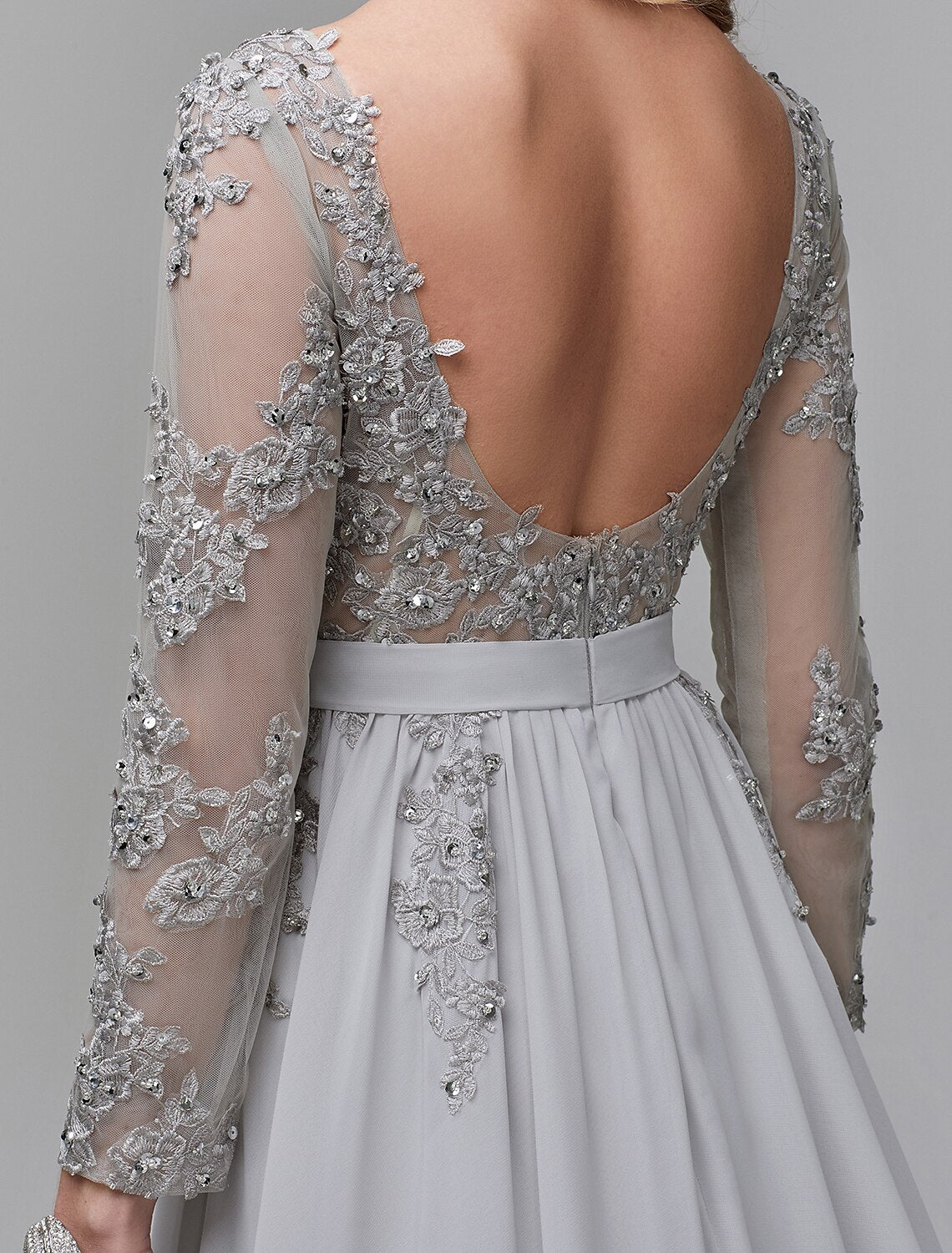 A-Line Luxurious Engagement Formal Evening Dress Illusion Neck V Back Low Back Long Sleeve Chapel Train Chiffon with Sequin Appliques 2025 / Illusion Sleeve