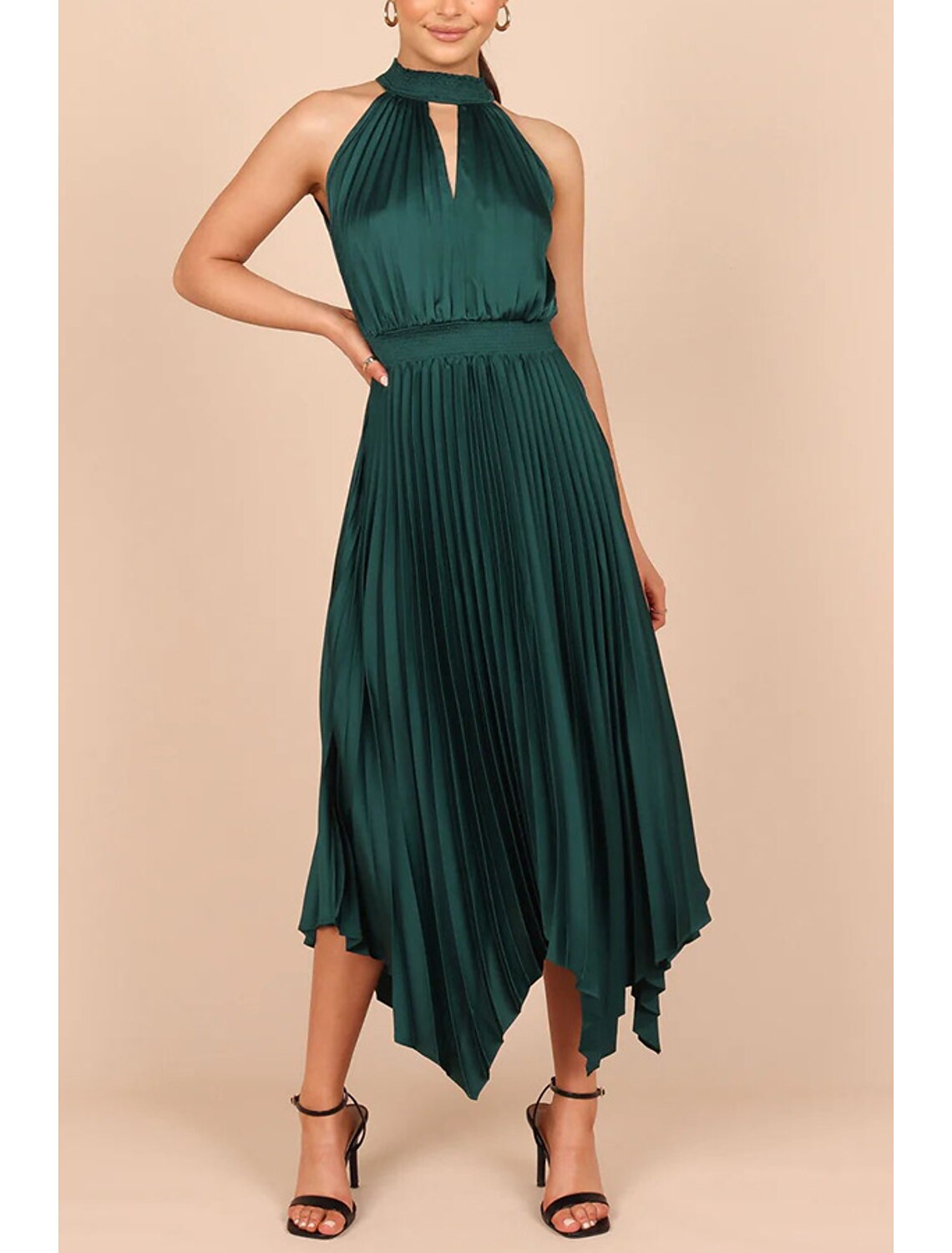 Vestidos de fiesta de corte A, vestido informal, para invitados de boda, asimétrico, sin mangas, cuello halter, satén con pliegues