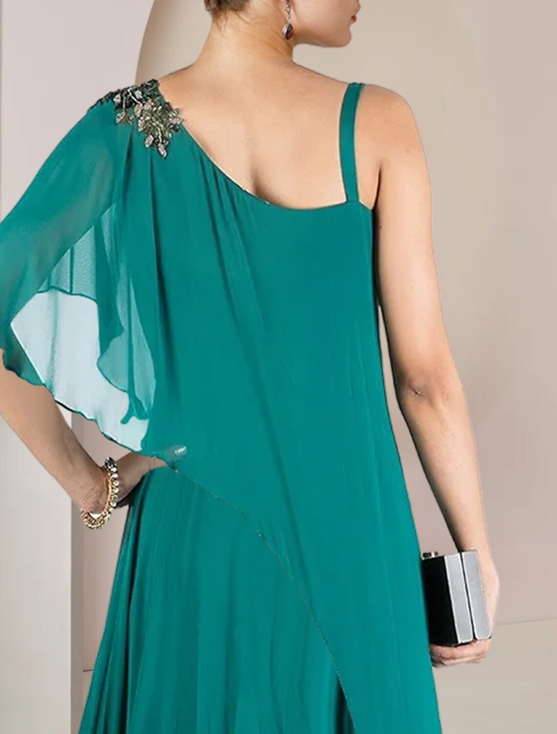 Abito da cerimonia per la madre della sposa, elegante, a trapezio, monospalla, lunghezza pavimento, in chiffon, senza maniche, con applicazioni a pieghe