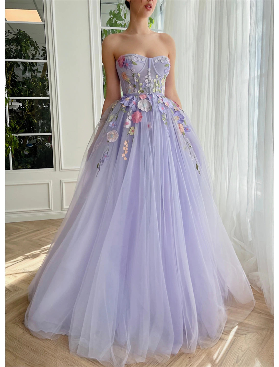 Vestido de noche corte A, floral, para boda, con cola, sin mangas, sin tirantes, de tul con apliques