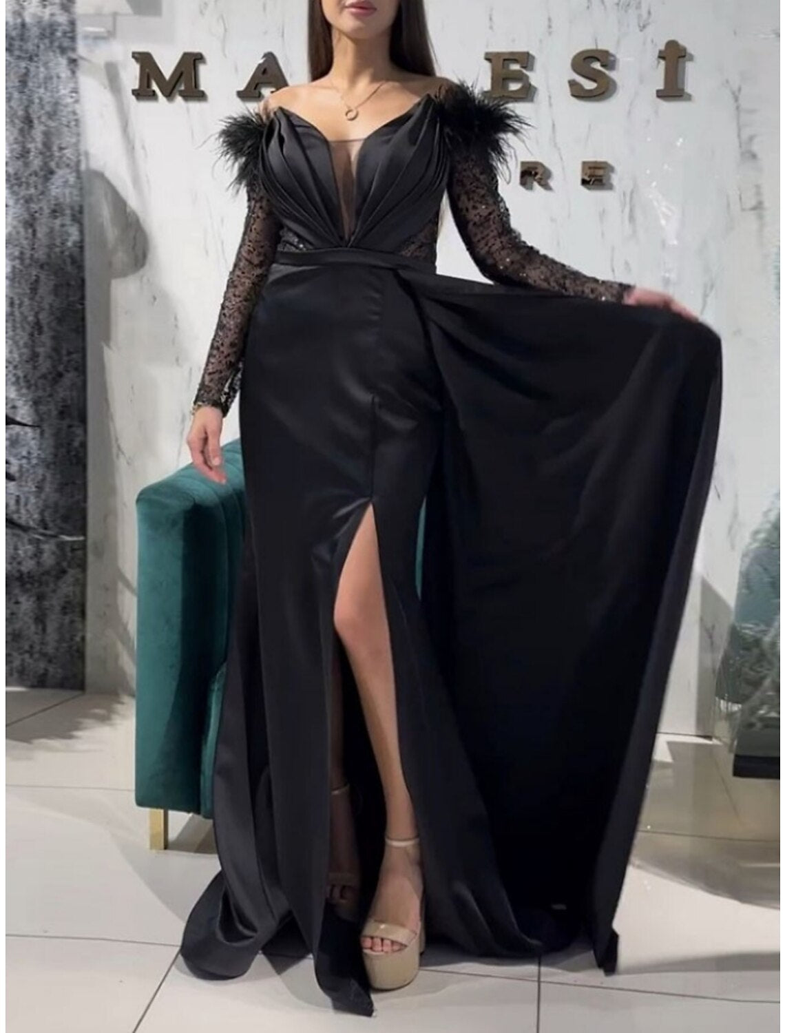 A-Line Evening Gown Party Dress Black Dress Formal Sweep / Brush Train Long Sleeve Off Shoulder Sequined with Feather Pleats Slit 2025
