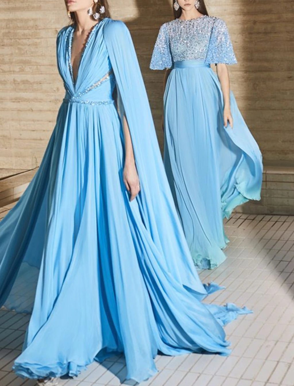 Sky Blue Chiffon A-Line Floor-Length Evening Dress with Beaded V-Neck
