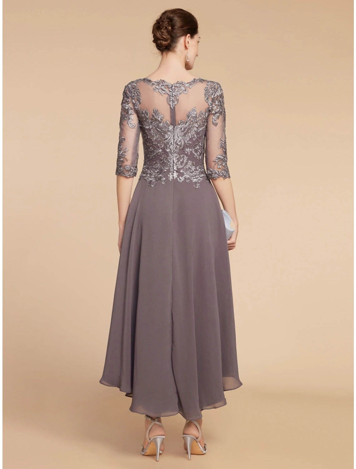 Abito da cerimonia per la madre della sposa, a trapezio, elegante, vintage, con scollo a barchetta, asimmetrico, in chiffon, pizzo, mezza manica, con arricciature, tinta unita