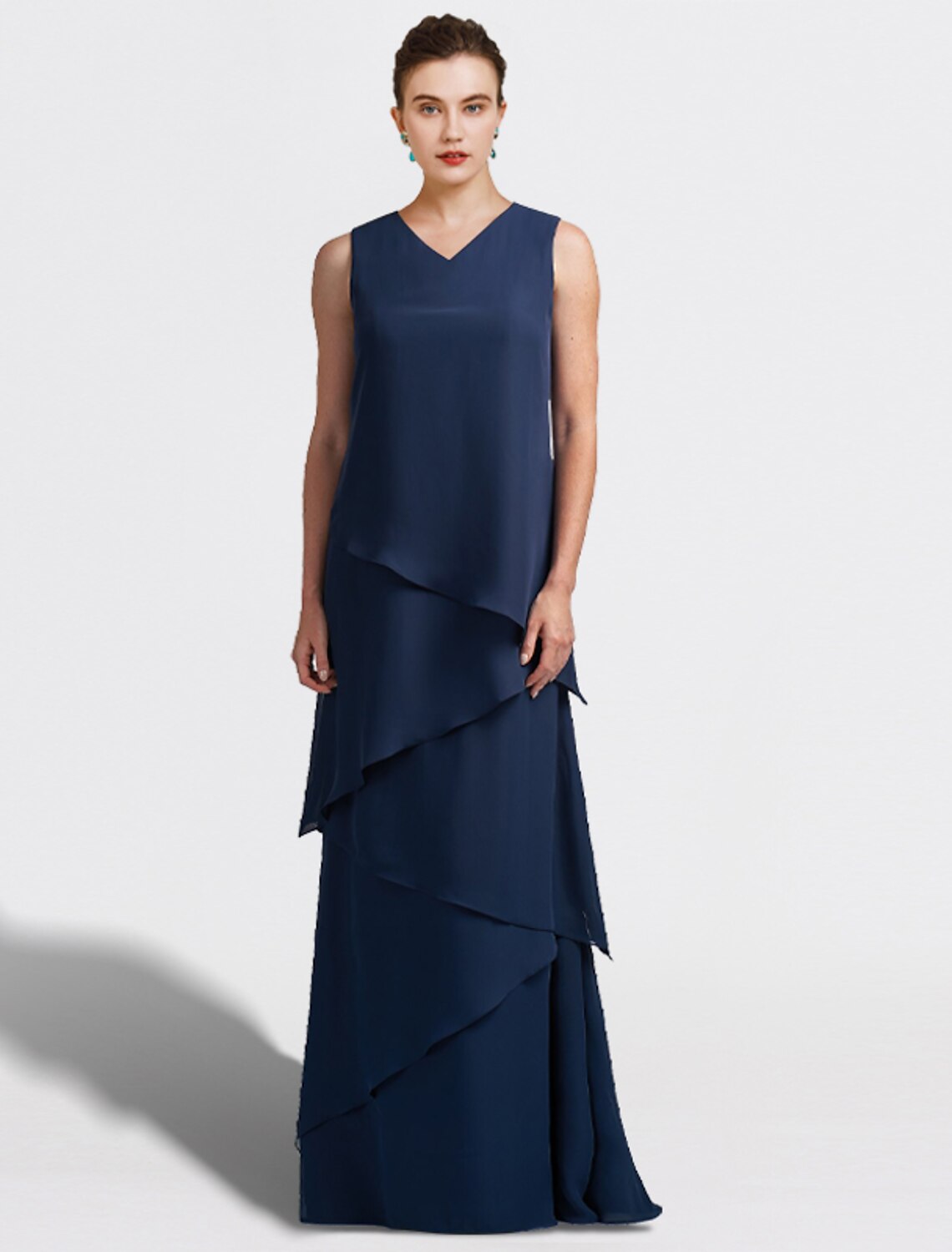 Vestido de madre de la novia de dos piezas, corte en A, talla grande, elegante, escote en V, largo hasta el suelo, de gasa, sin mangas, cruzado, con volantes incluidos