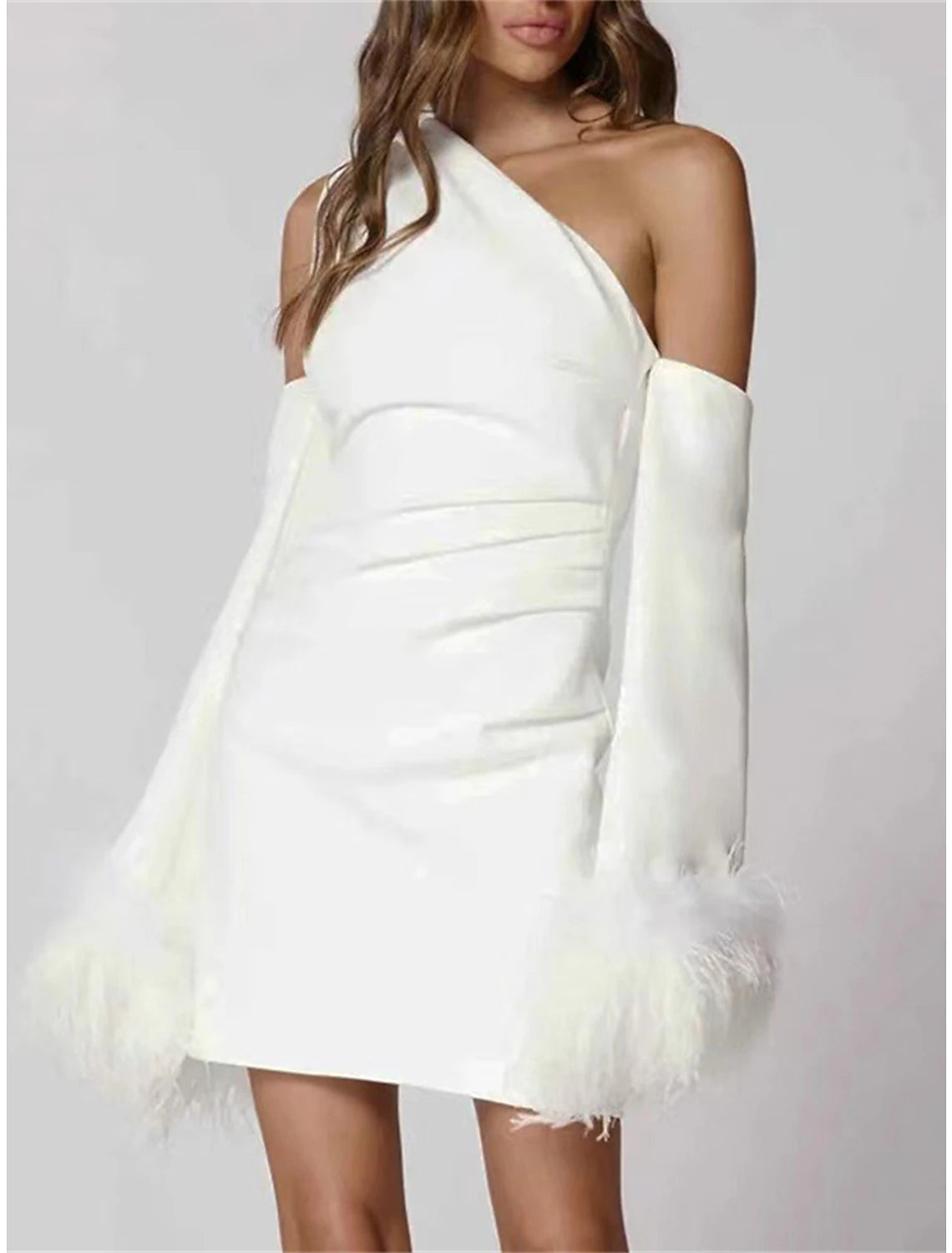 Women's Party Dress Feather Dress Homecoming Dress Mini Dress Black White Long Sleeve Pure Color Feather Fall Winter Autumn One Shoulder Fashion Winter Dress Wedding Guest Vacation