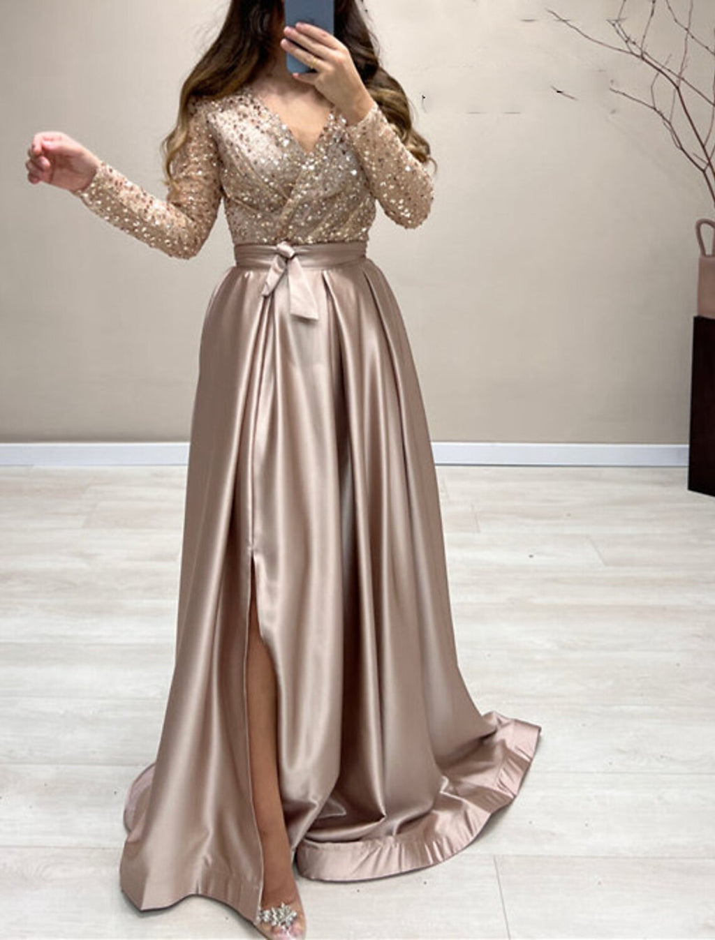 Champagne Sequin V-Neck A-Line Floor-Length Dress with Slit