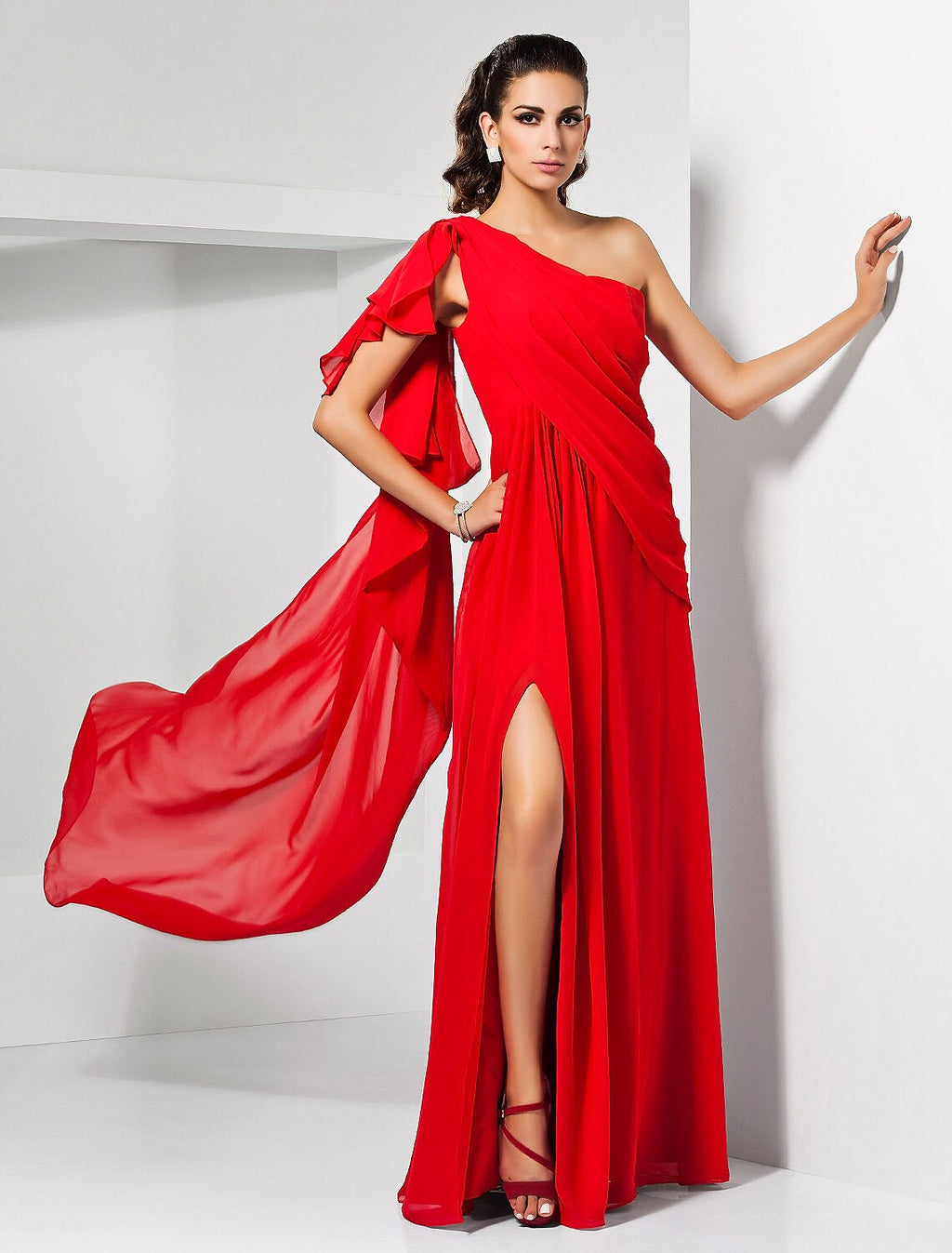 Red Chiffon A-Line Floor-Length Dress with One Shoulder & High Slit