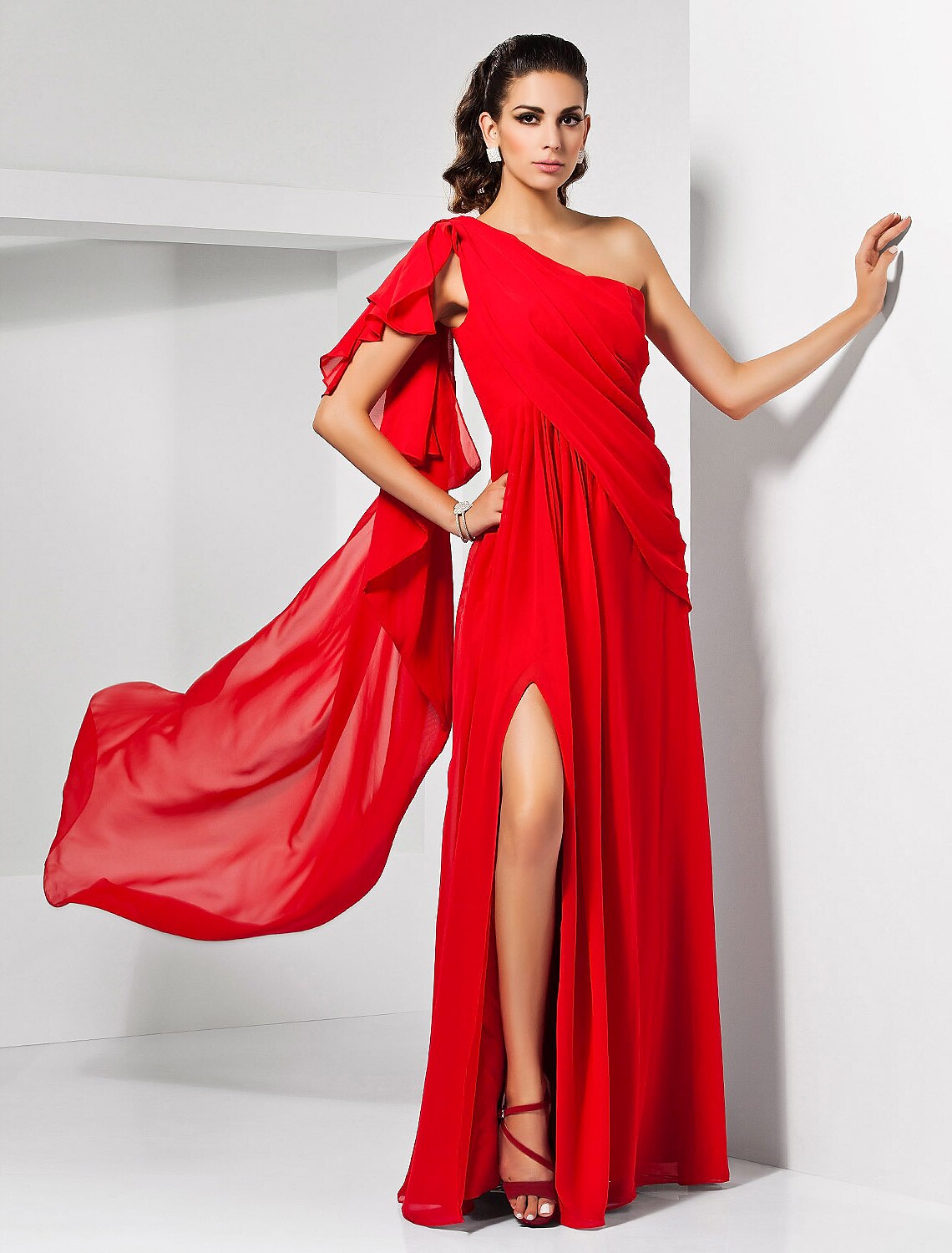 Red Chiffon A-Line Floor-Length Dress with One Shoulder & High Slit