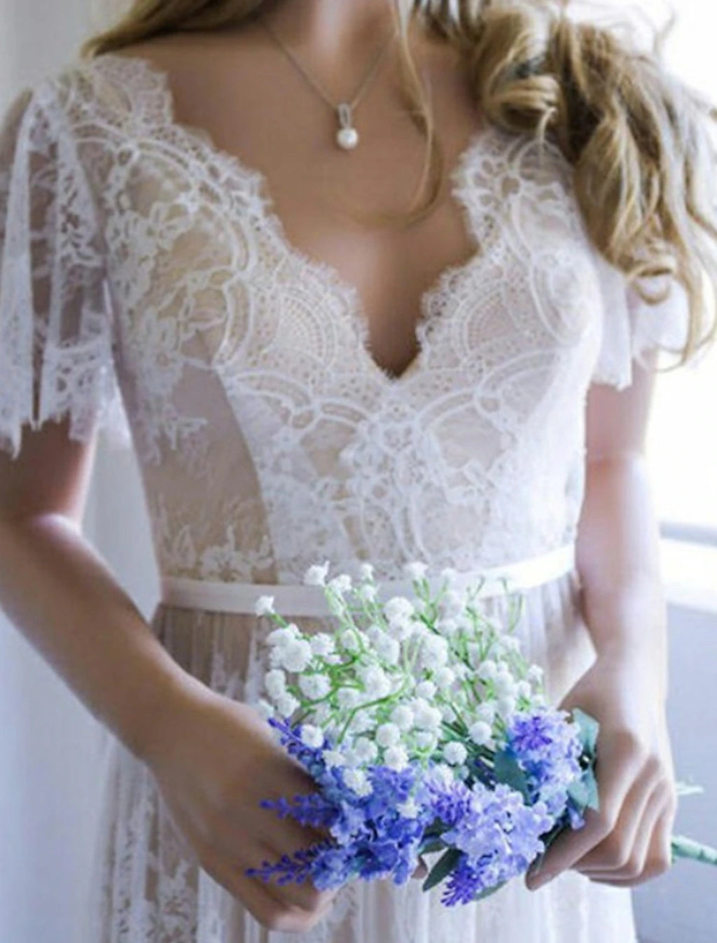 Ivory Lace A-Line Floor-Length Dress with V-Neck and Flutter Sleeves