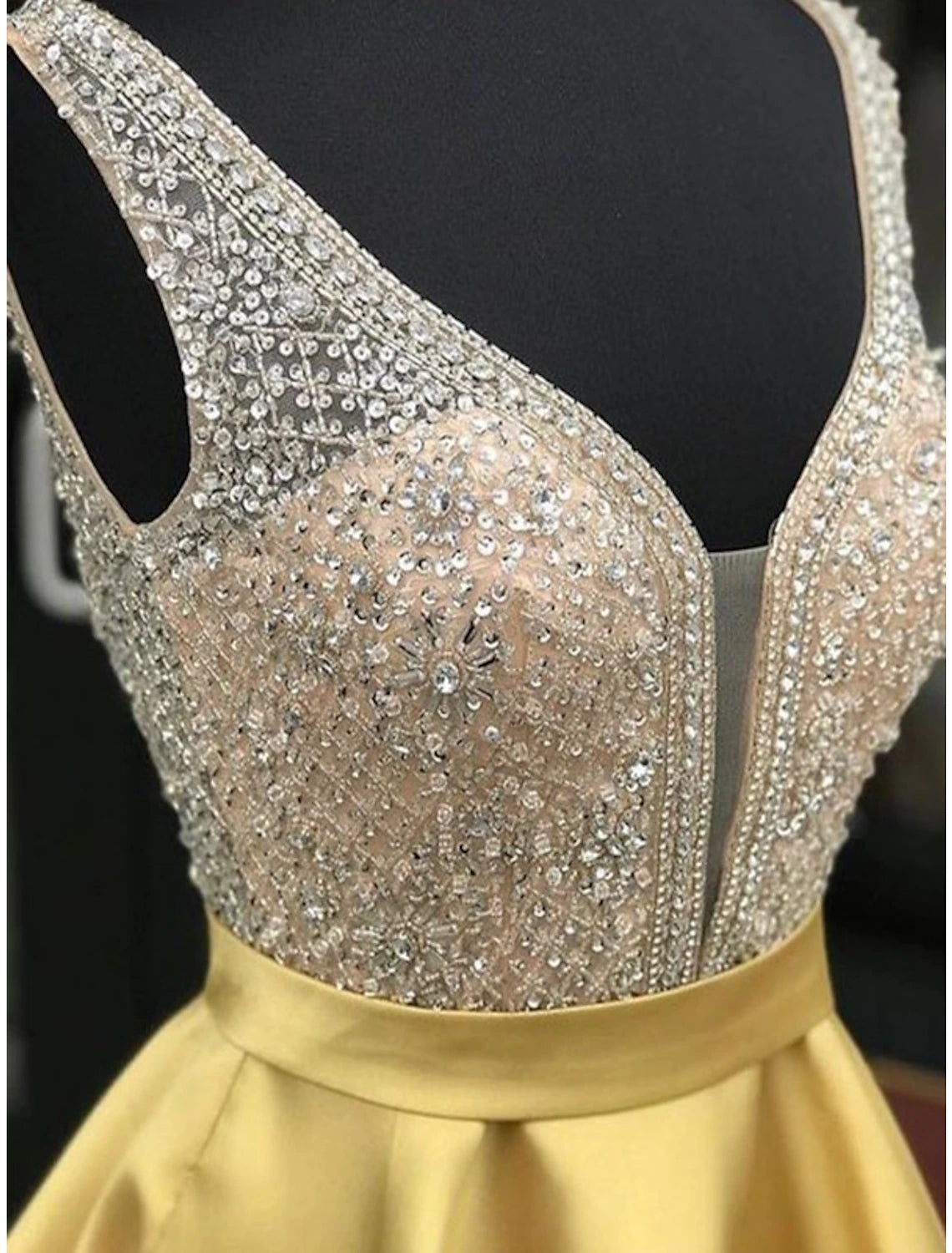 Abiti da ballo a trapezio, scintillanti e brillanti, per feste, laurea, corti/mini, senza maniche, scollo a V, in raso con perline