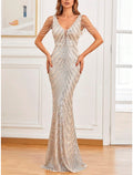 Champagne Sequin Mermaid V-Neck Floor-Length Evening Dress