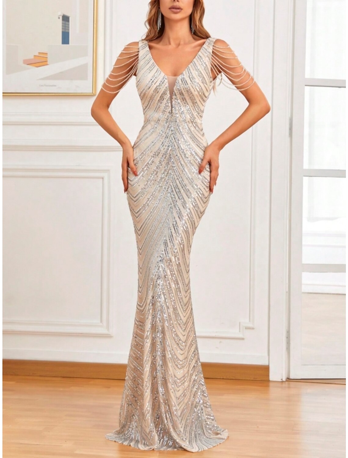 Champagne Sequin Mermaid V-Neck Floor-Length Evening Dress