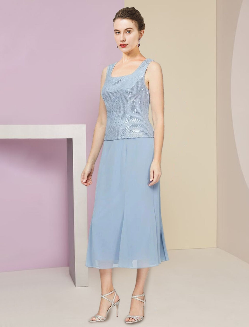 Vestido de dos piezas de corte A para madre de la novia, para invitada de boda, de invierno, con chaqueta, manga 3/4, escote redondo, largo hasta la rodilla, de gasa, con lentejuelas, plisado, lentejuelas, color liso, brillo y brillo, talla pequeña.