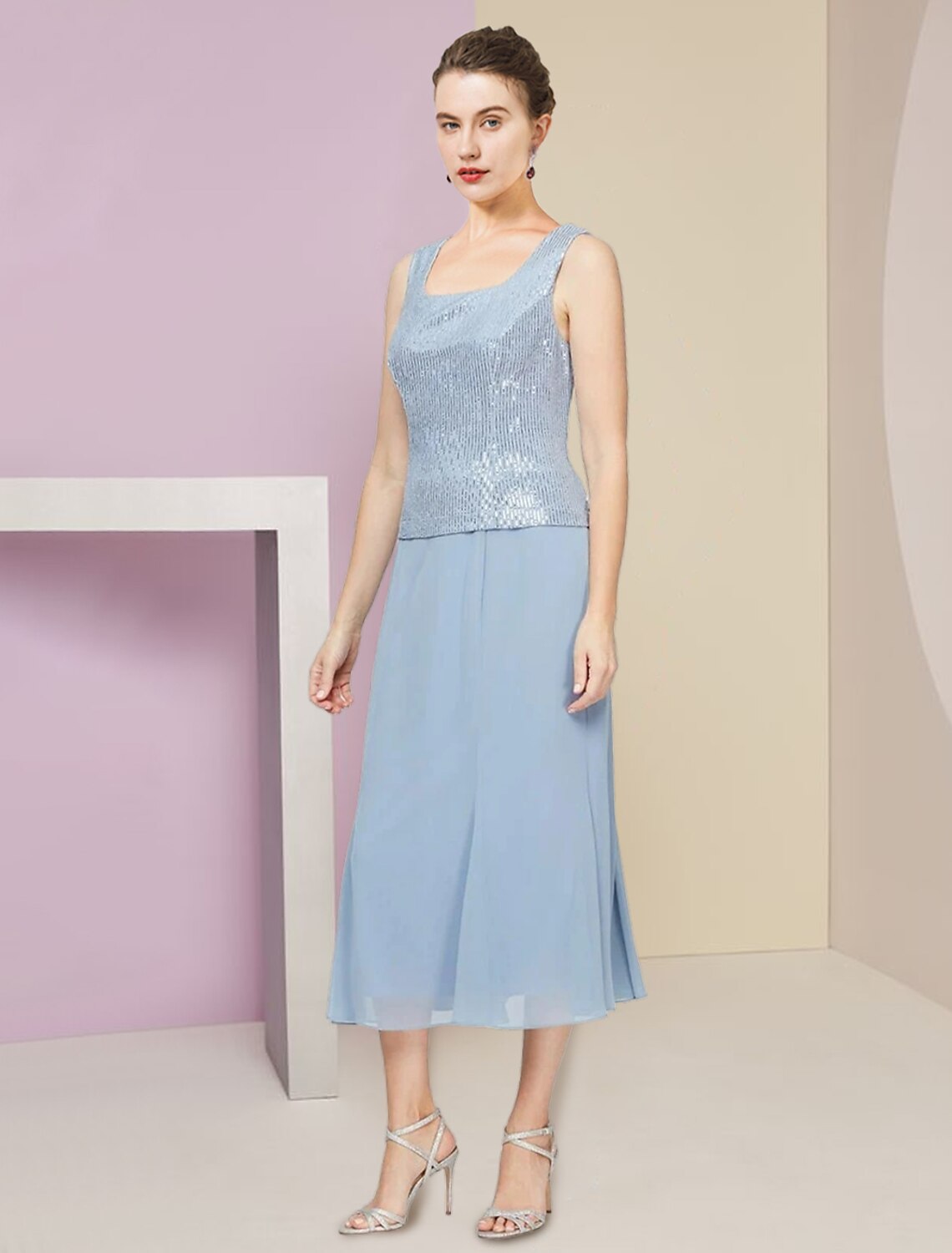 Vestido de dos piezas de corte A para madre de la novia, para invitada de boda, de invierno, con chaqueta, manga 3/4, escote redondo, largo hasta la rodilla, de gasa, con lentejuelas, plisado, lentejuelas, color liso, brillo y brillo, talla pequeña.